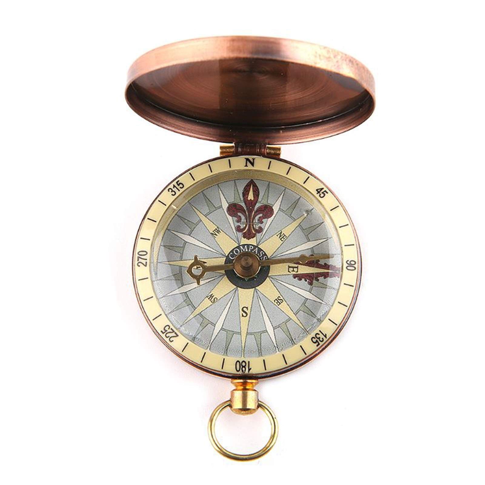 Vintage Copper Flip Cover Pocket Watch with Compass - Antique Style Metal Survival Compass for Camping, Hiking, Boating & Marine Navigation