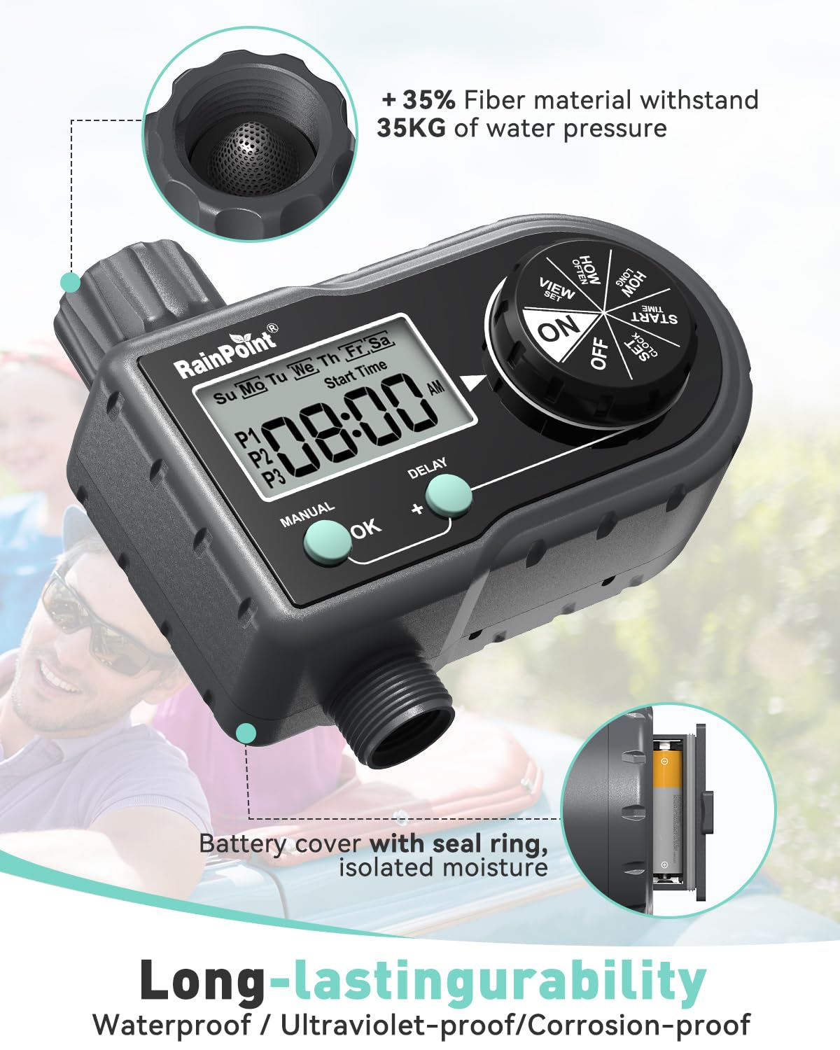 RainPoint Smart Sprinkler Timer - 3-Zone Programmable Hose Water Timer for Garden, Lawn & Outdoor Irrigation | Automatic/Manual Control for Daily or Custom Schedules | Perfect for Yard, Flower Beds & Vegetable Gardens