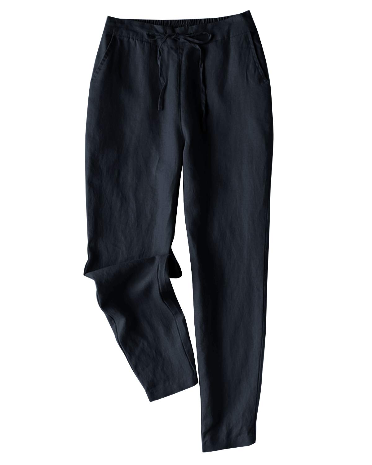 IXIMO Women's Tapered Linen Pants - 100% Breathable Drawstring Elastic Waist Ankle-Length Casual Pants | Perfect for Office, Travel & Summer Outfits