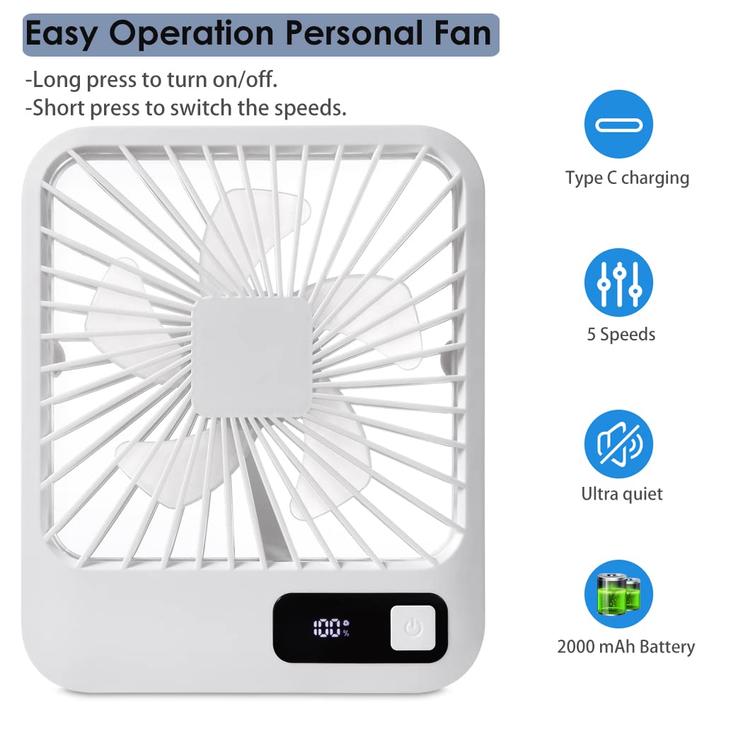 Venanoci LAAAZY Small Desk Fan - Portable USB Rechargeable Mini Fan with 2000mAh Battery, LCD Display, 5 Speed Modes & Ultra Quiet Operation | Strong Wind Personal Fan for Office, Home, Camping, Travel & Outdoor Activities