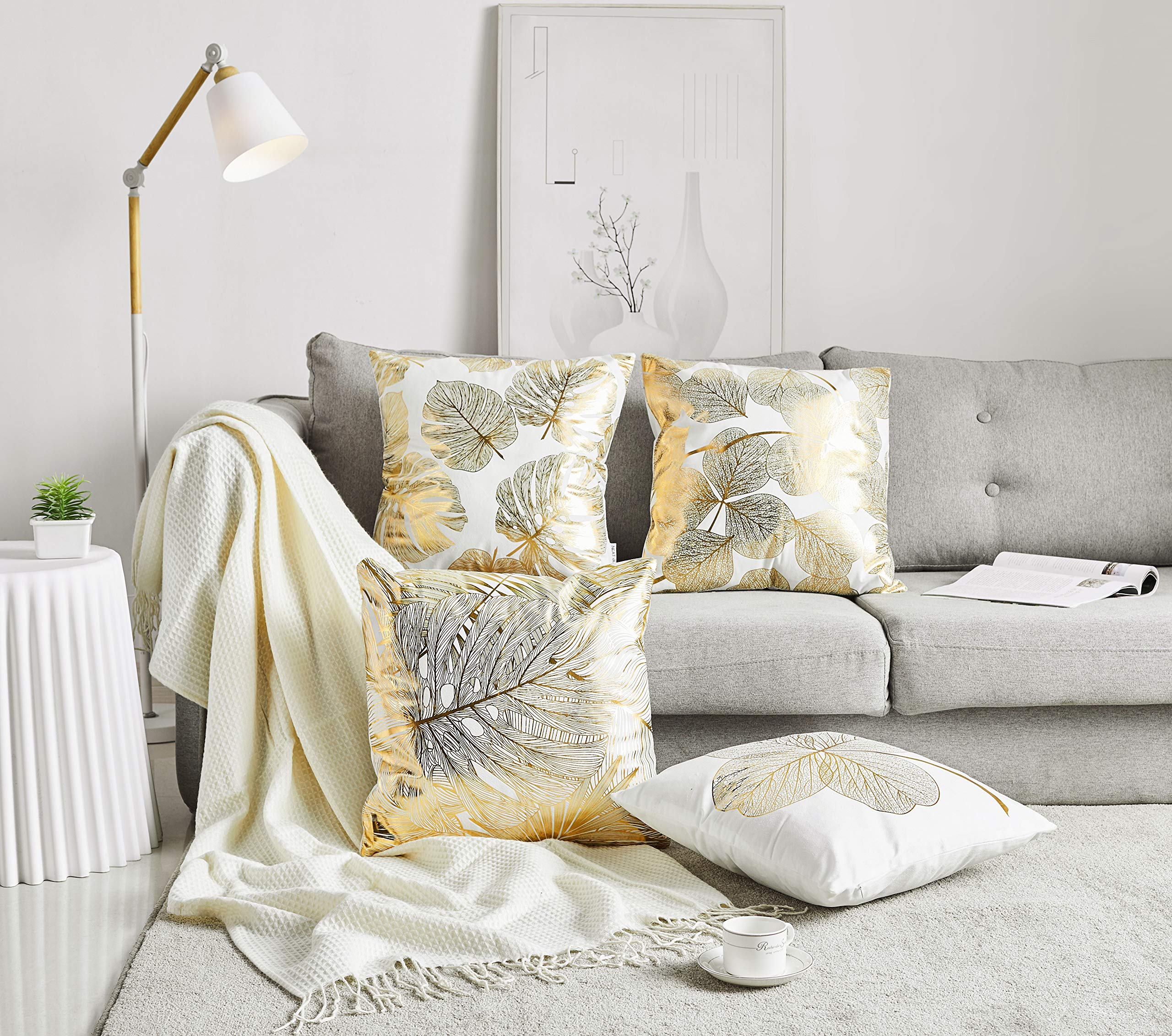 4 Pack Gold Foil Leaf Print Decorative Throw Pillow Covers 20x20 Inches (50x50cm) - Luxury Couch, Bedroom & Car Decor Accent Pillow Cases for Home, Living Room, Sofa and Office Decor