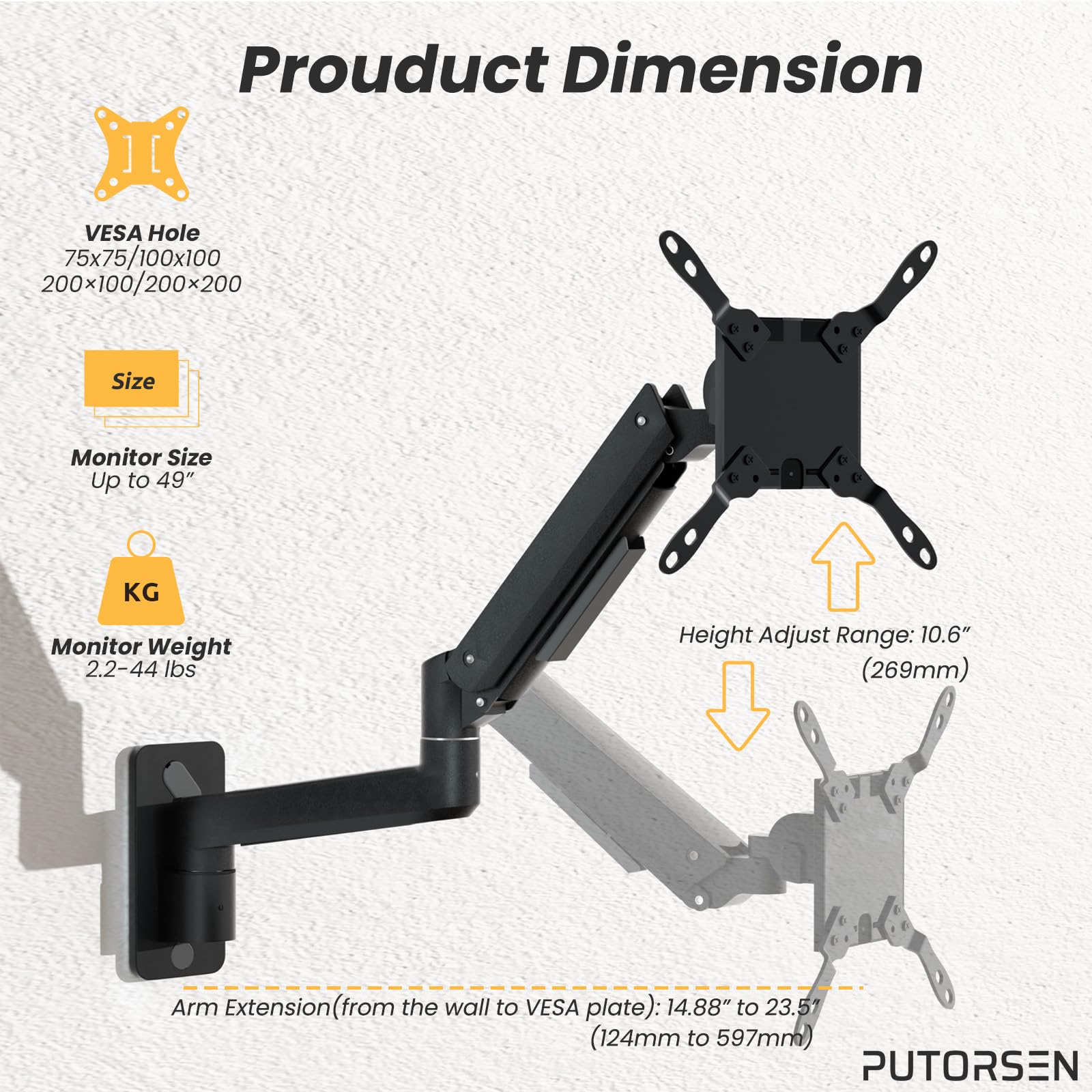 PUTORSEN Premium Ultrawide Monitor Wall Mount 17-49 inch - Heavy Duty Single Monitor Arm Supports up to 44lbs - Fully Adjustable VESA 75/100/200 Wall Mount Stand (Black) - Perfect for Home Office, Gaming Setup & Workspace Ergonomics
