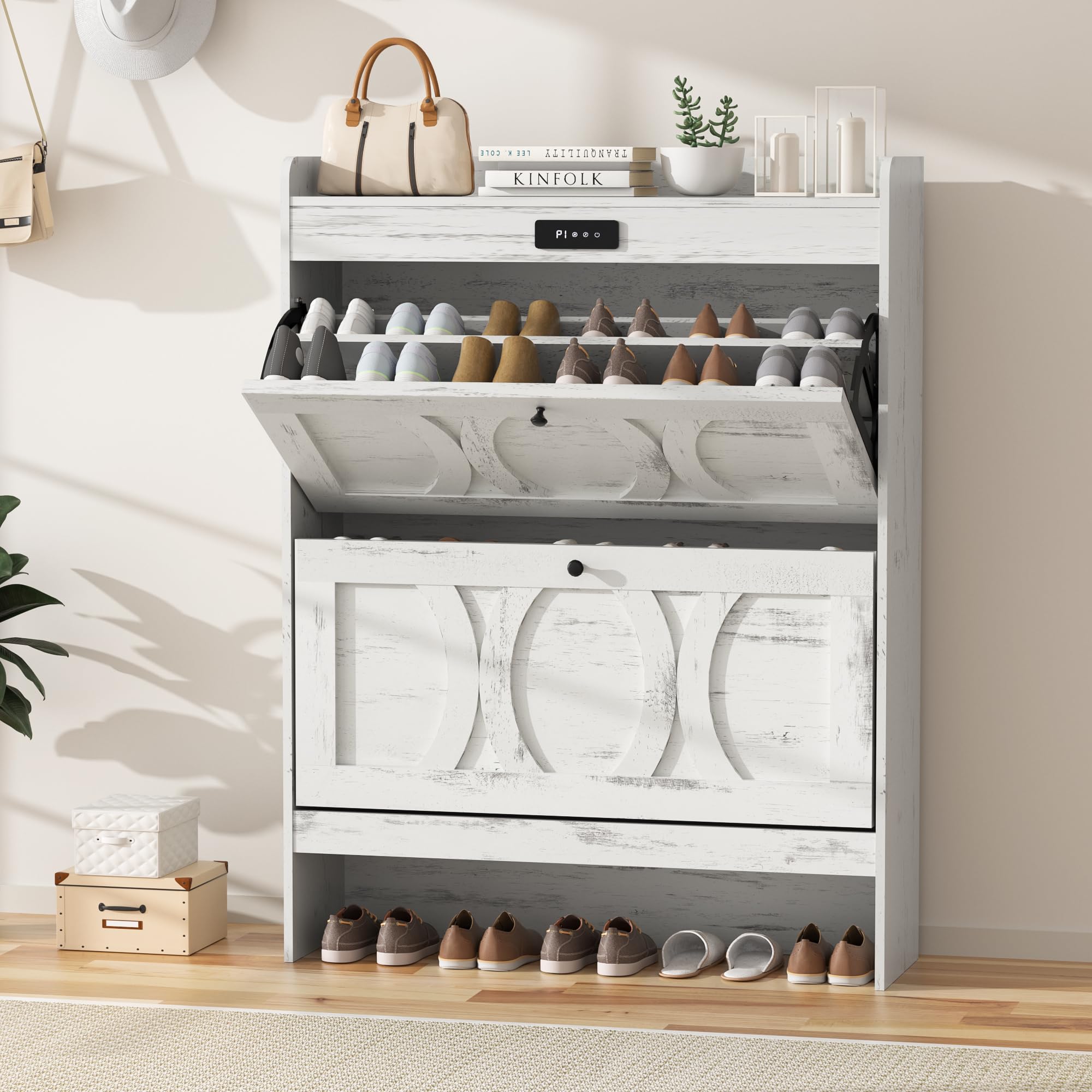 VFF Shoe Storage Cabinet with 2 Flip Drawers - Freestanding Shoe Organizer with Wooden Legs - Narrow Shoe Rack for Hallway, Bedroom & Entryway - Rustic White Finish - Perfect for Small Spaces & Clutter-Free Home Organization