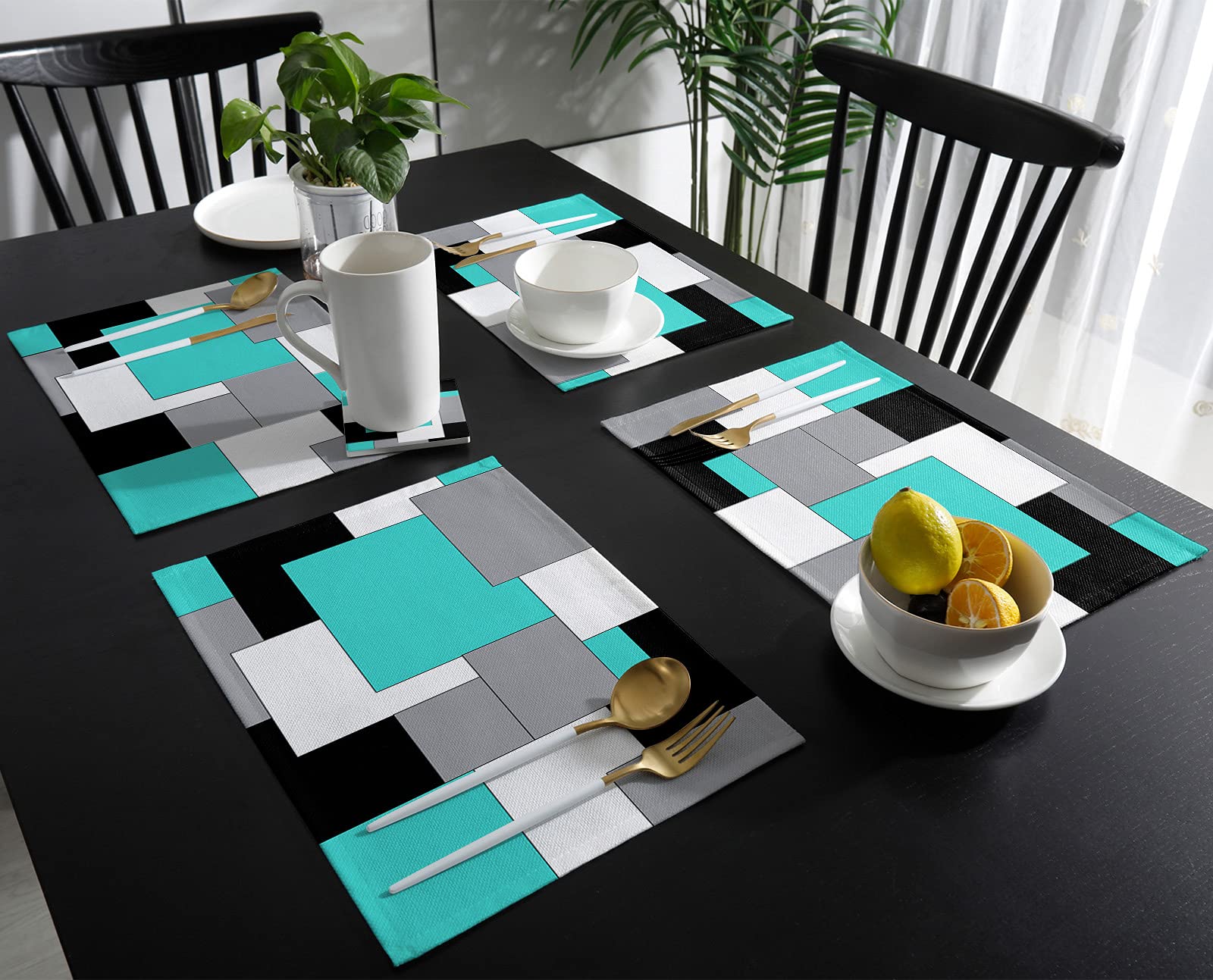 Halloween Placemats Set of 4 - Non-Slip Insulated Washable Cotton Linen Table Mats for Dining, Turquoise Grey Black Abstract Color Block - Perfect for Spooky Dinner Parties & Horror Movie Nights