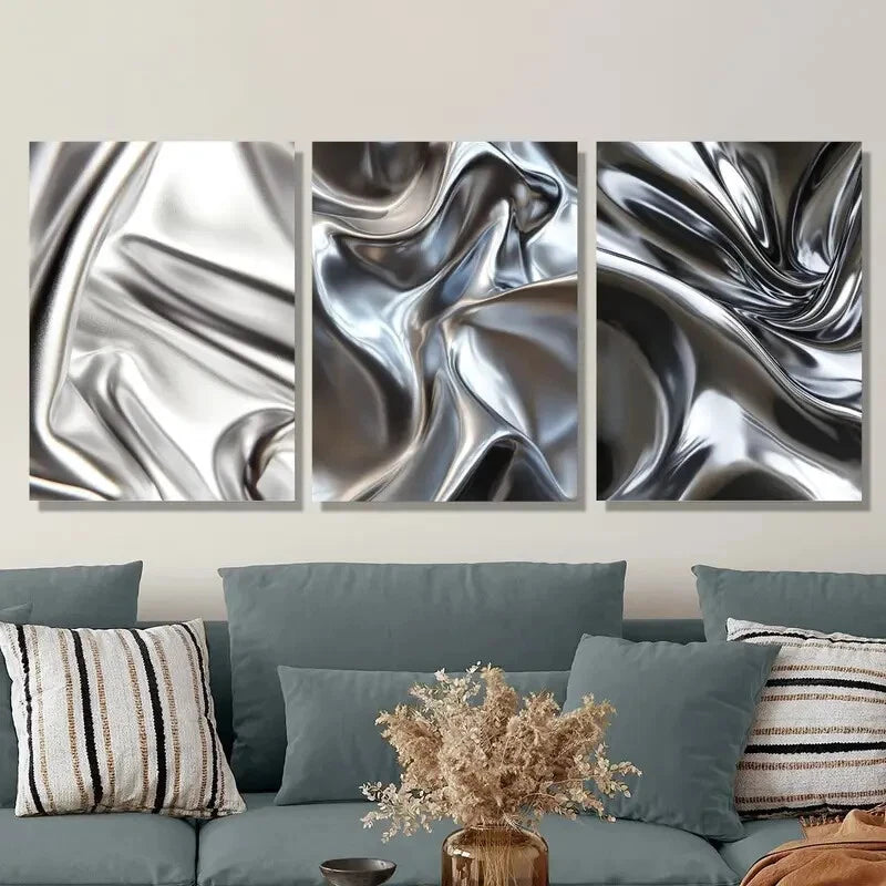 3-Piece Silver Glossy Liquid Metal Style Wall Art - Ready to Hang Modern Home Decor for Living Room, Bedroom & Office