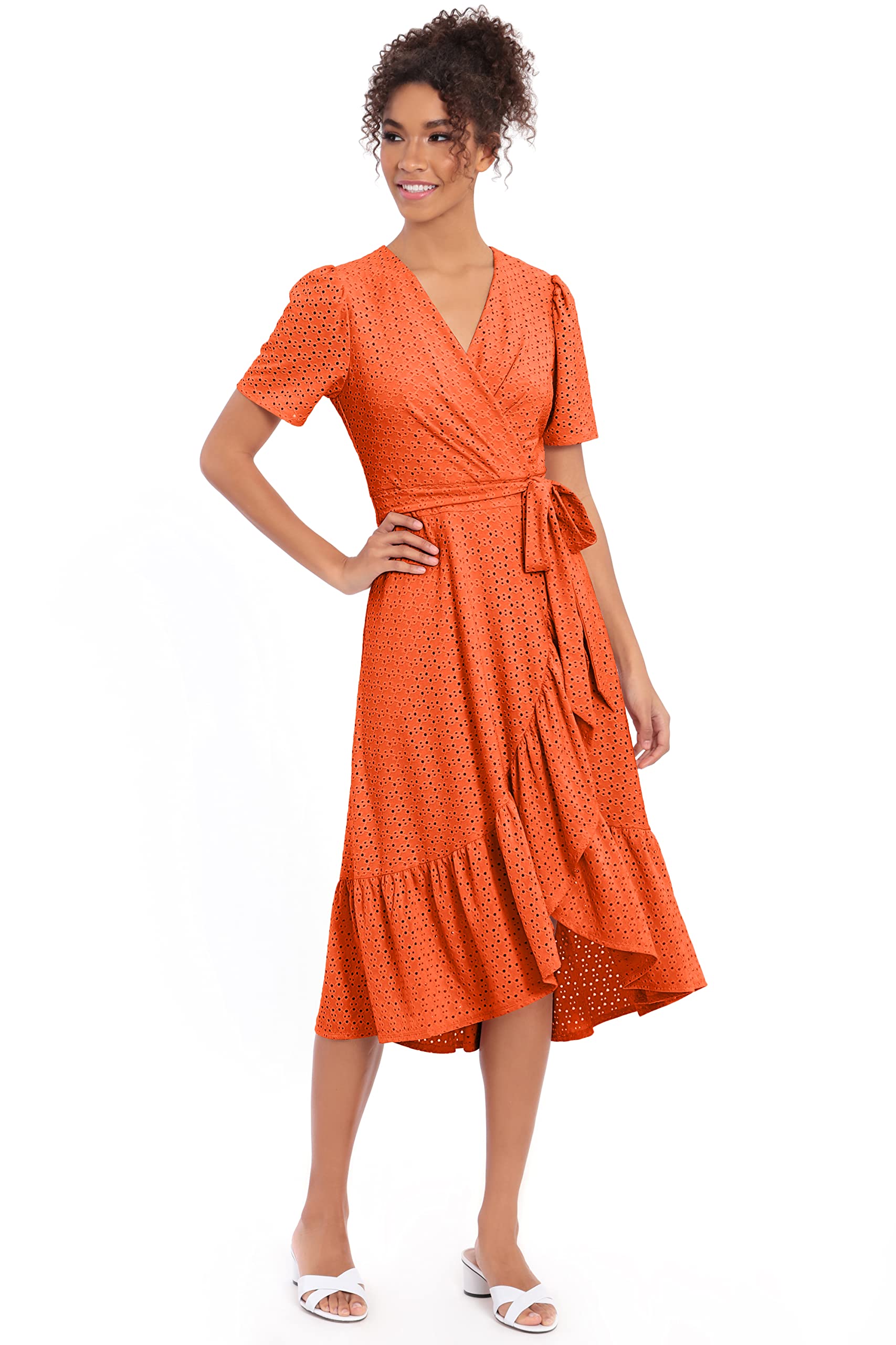 London Times Women's Short Sleeve Ruffle Wrap Dress - Flowy Summer Dress for Casual Outings, Beach Cover Up & Date Night Outfits