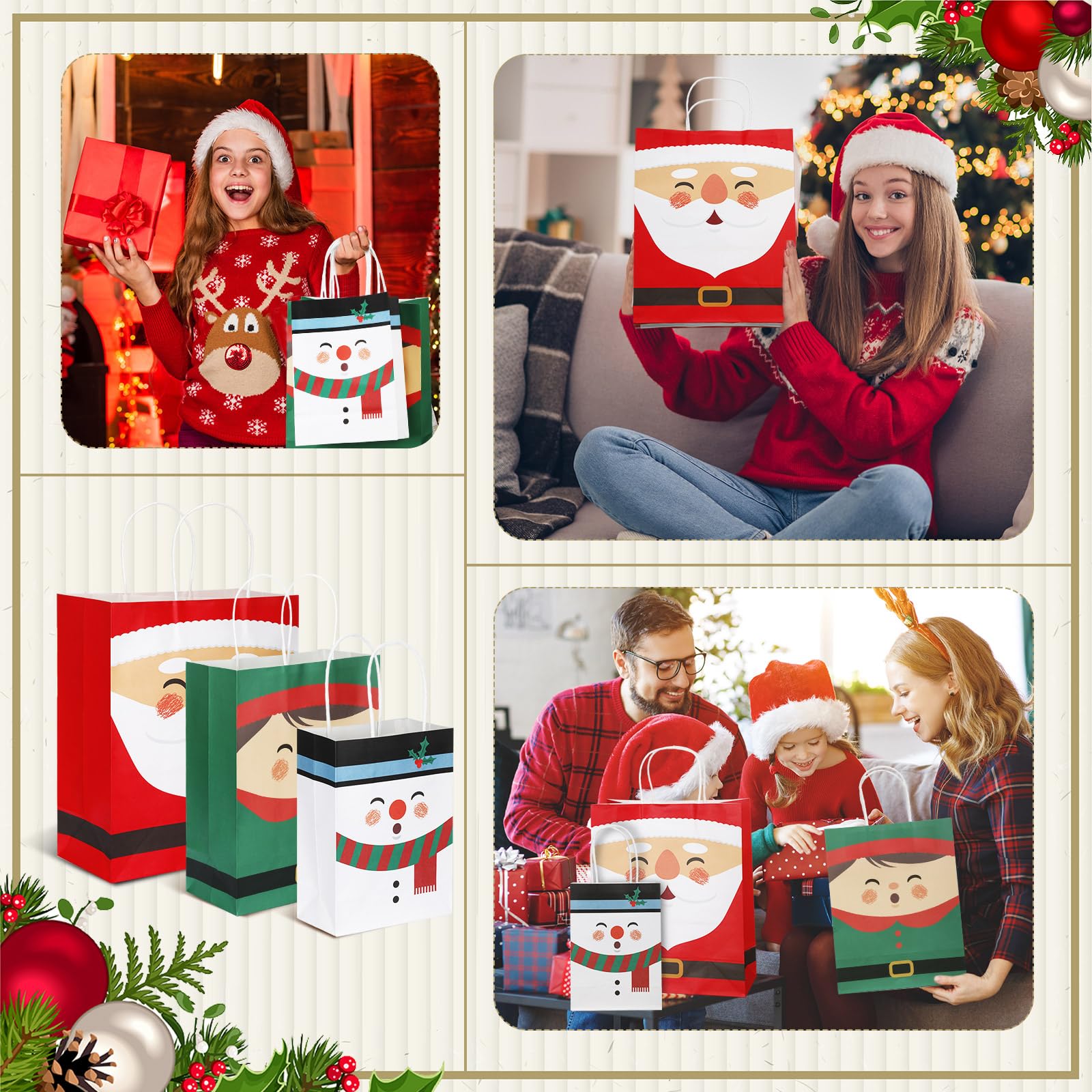 60 Pcs Christmas Kraft Gift Bags Bulk with Handles - Assorted Sizes Holiday Party Favor Bags for Candy, Treats & Gifts - Xmas Goodie Bags for Wrapping, Stocking Stuffers & Classroom Exchanges (Santa Theme)