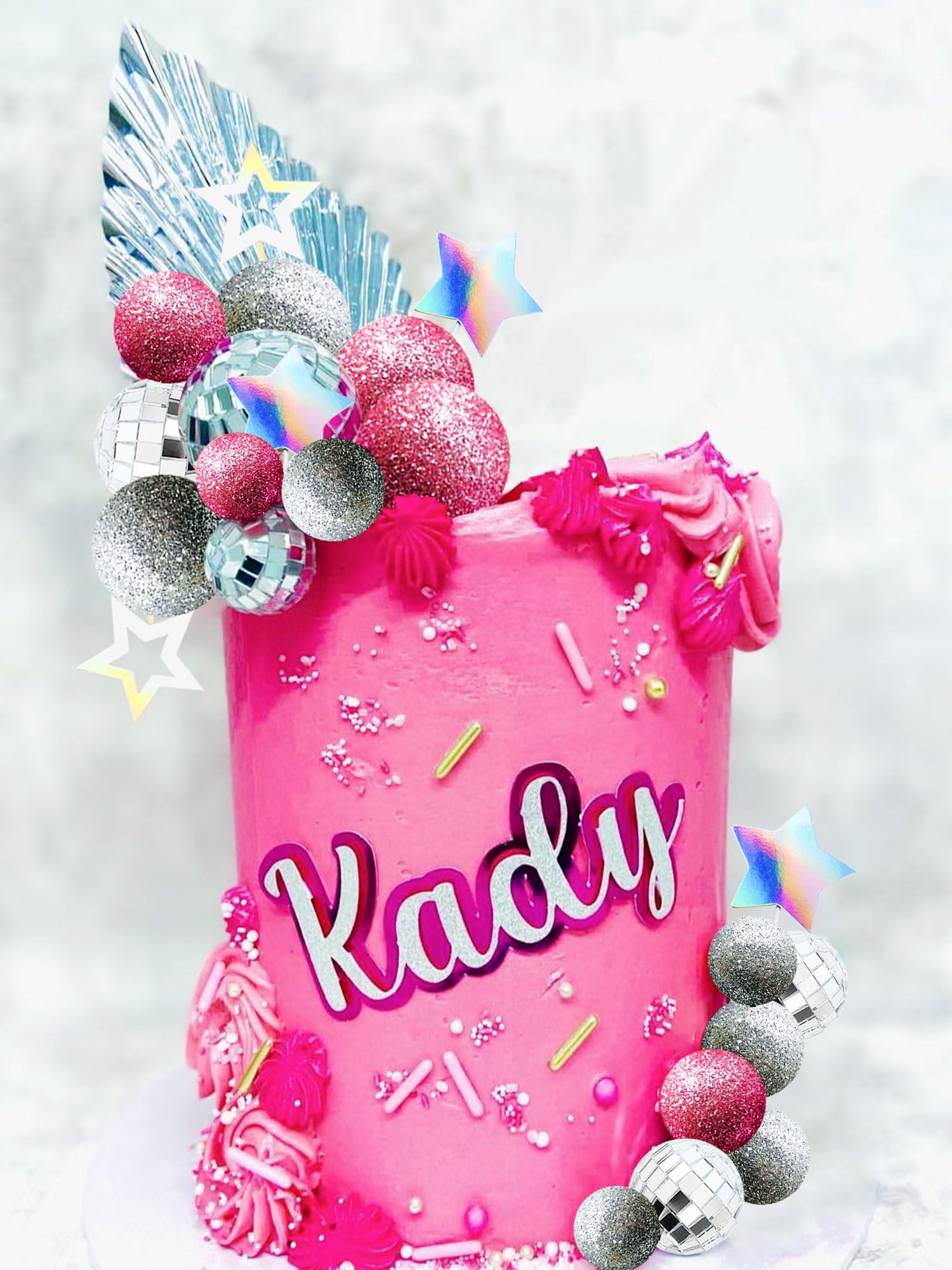 JeVenis Pink Disco Ball Cake Topper - 80s Themed Dancing Queen Cake Decorations with Silver Balls | Perfect for Birthday Parties, Bachelorette Cakes & Retro Celebrations