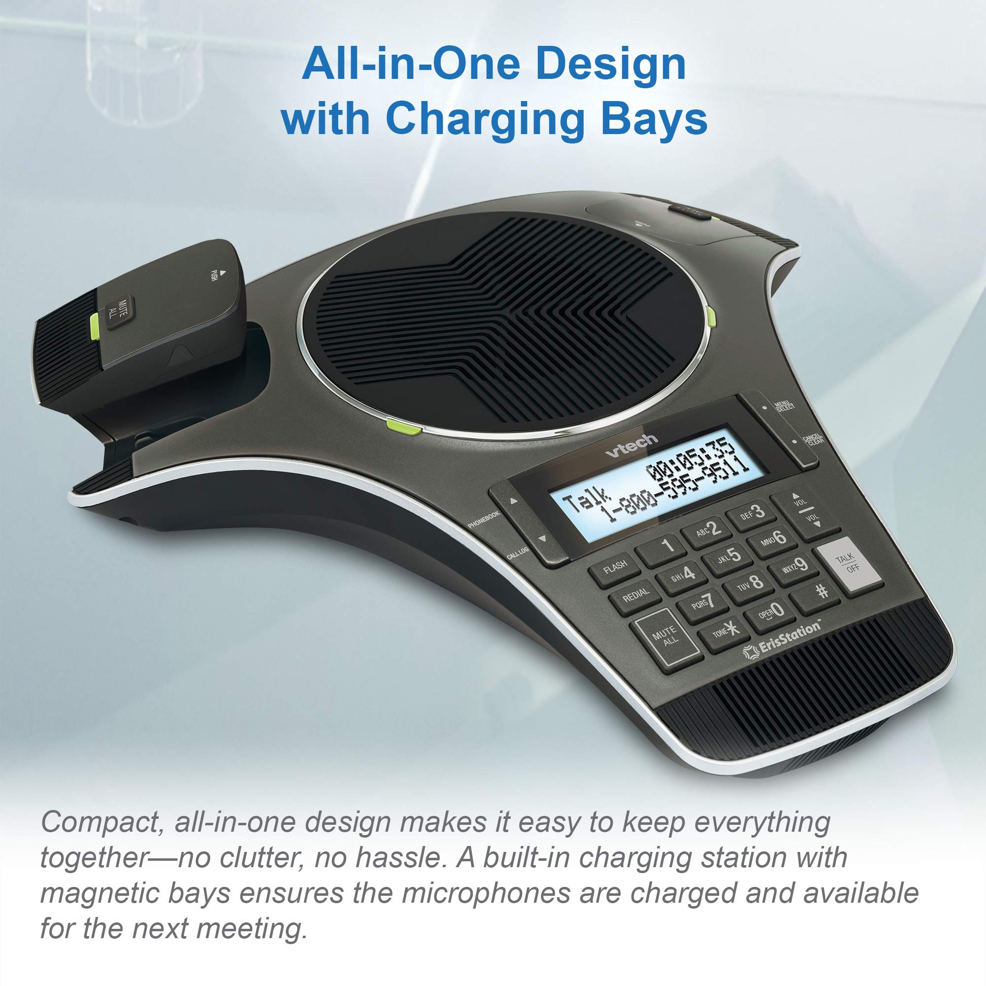 VTech VCS702 ErisStation DECT 6.0 Conference Phone with 2 Wireless Microphones - OrbitLink Wireless Technology for Clear Audio - Perfect for Office Meetings & Conference Calls