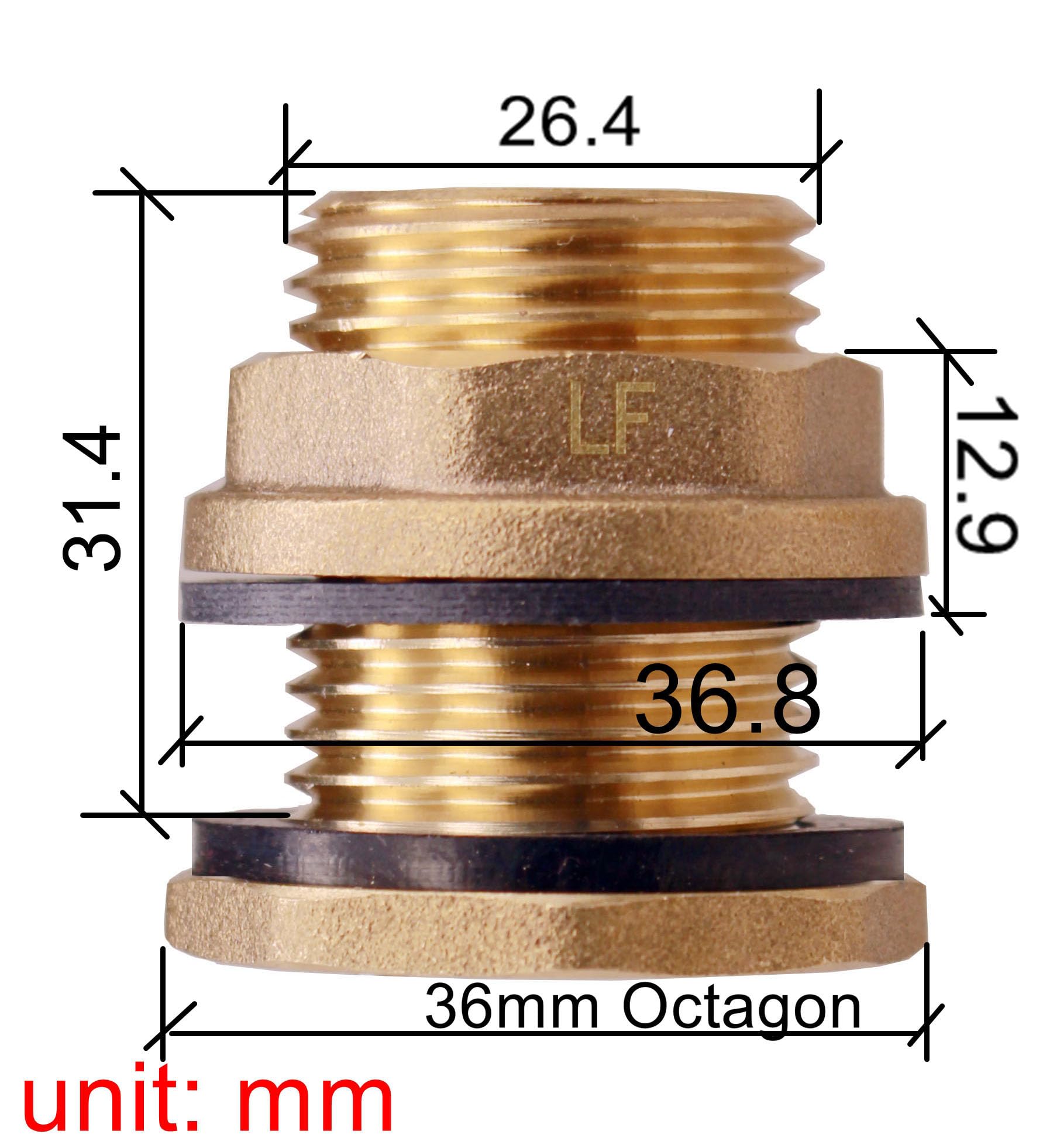 BBF020 LF Compliant Brass Bulkhead Tank Fitting - Double Female 1/2” NPT & Male 3/4