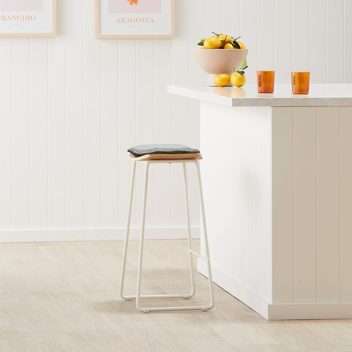 Hendrix Backless Bar Stool - Oak Wood Counter Height Stool with Grey Woven Fabric Seat - Perfect for Kitchen Islands, Breakfast Bars & Home Decor