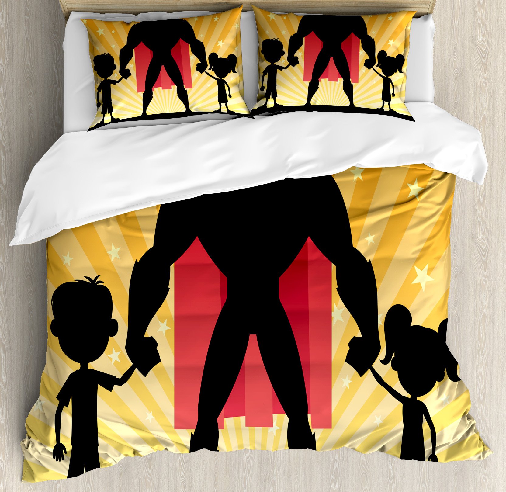 Superhero Duvet Cover Set - Father Son & Daughter Silhouette with Cape on Stars, 3-Piece King Size Bedding Set with 2 Pillow Shams, Dark Coral Marigold - Perfect for Kids' Rooms, Superhero Themed Bedrooms & Gift Ideas