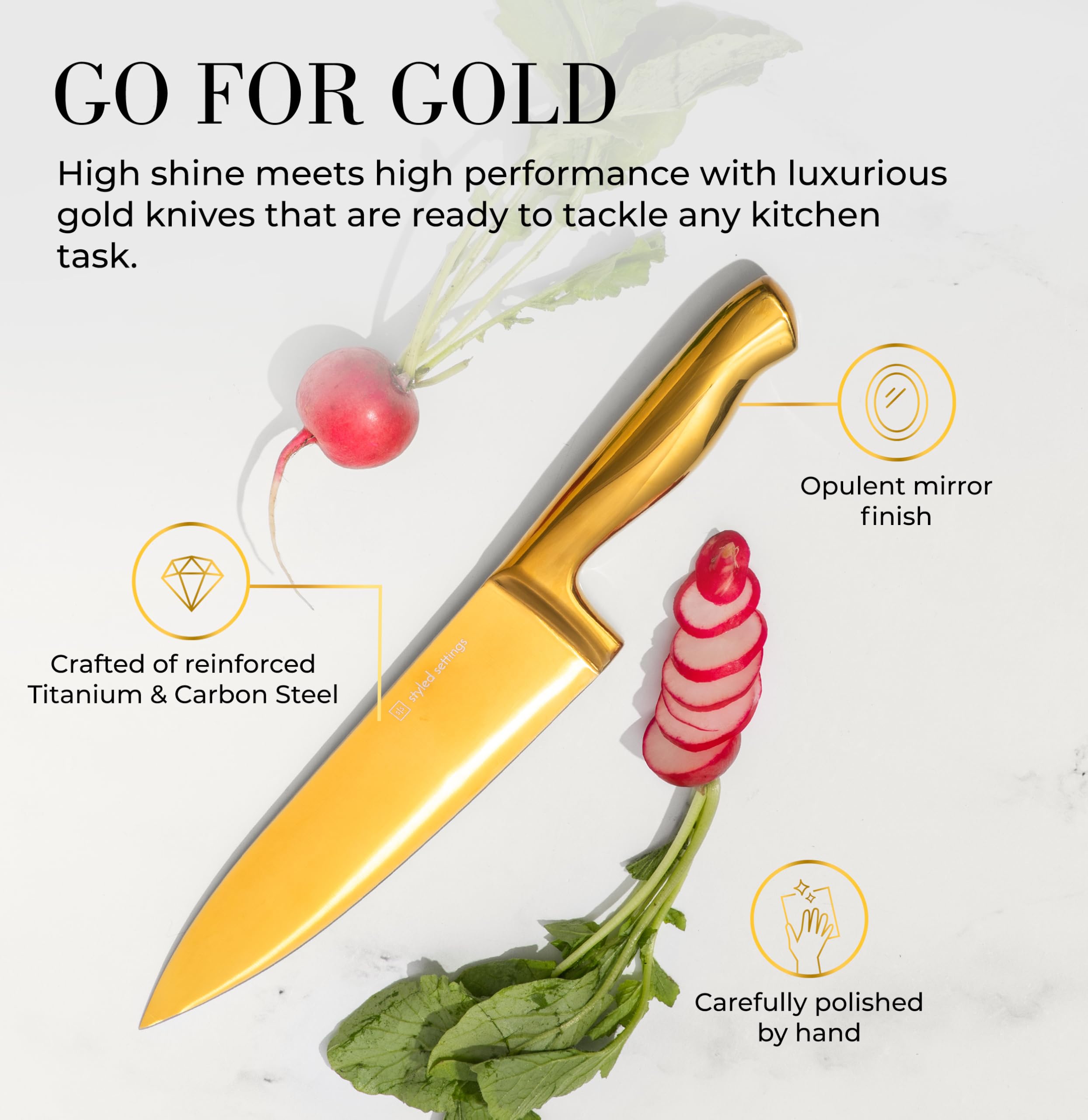 Premium 14-Piece White & Gold Knife Set with Block - Full Tang Kitchen Knives & Built-In Sharpener - Luxury Gold Kitchen Decor for Cooking, Entertaining & Gift Giving