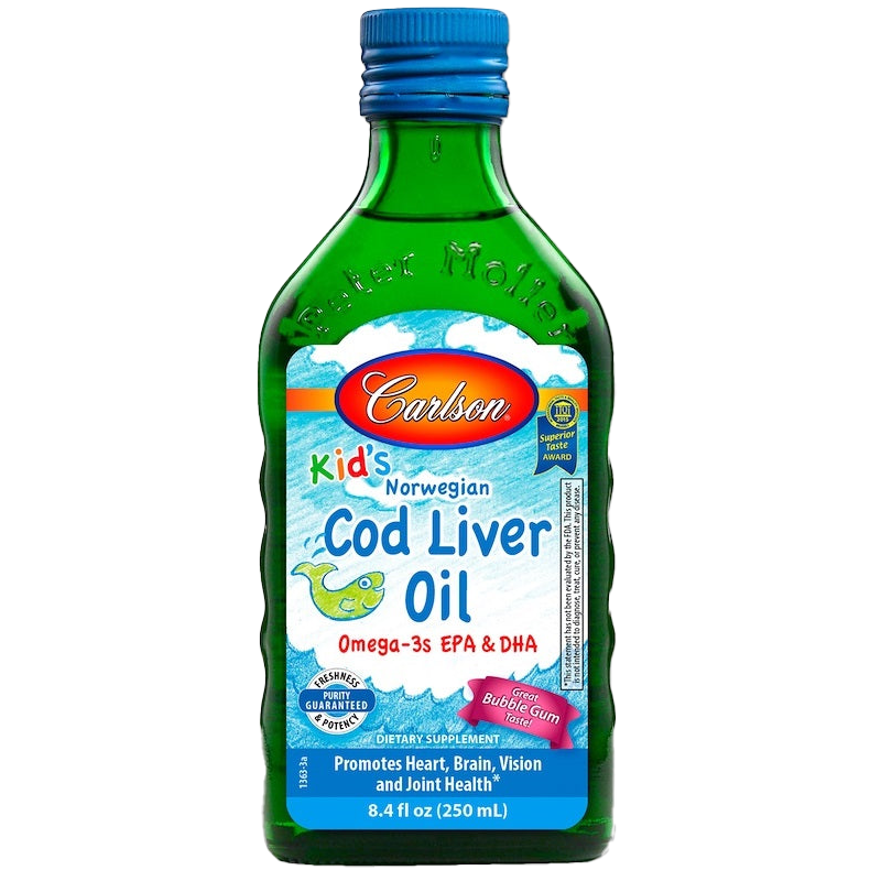 Carlson Labs Kid's Cod Liver Oil - 550mg Omega-3s, Vitamin A & D, Bubble Gum Flavor, 250ml - Supports Brain Development & Immune Health for Children