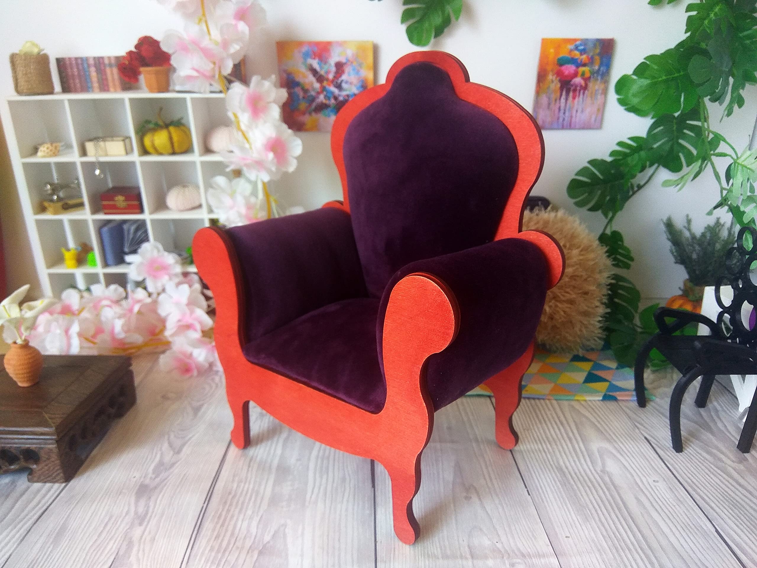 1:6 Scale Miniature Dollhouse Throne Chair - Handmade Wooden Furniture with Velvet Upholstery for Doll Display, Photography & Collectibles