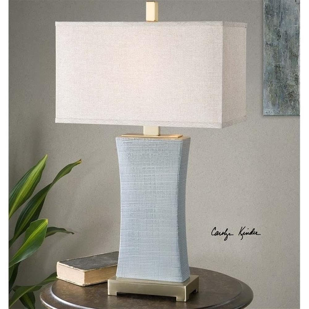 BOWERY HILL Modern Ceramic Blue Gray Table Lamp - Stylish Home Office Bedroom Lighting Decor for Living Room, Nightstand, and Workspace