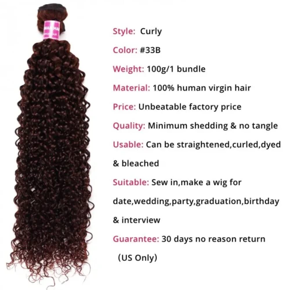 KLAIYI 10A Reddish Brown Curly 3 Bundles Brazilian Virgin Human Hair Weave 10 12 14 Inch - 100% Unprocessed Remy Hair Extensions for Sew in, Auburn Brown Copper Red 33B Color - Perfect for Daily Styling, Parties & Special Occasions