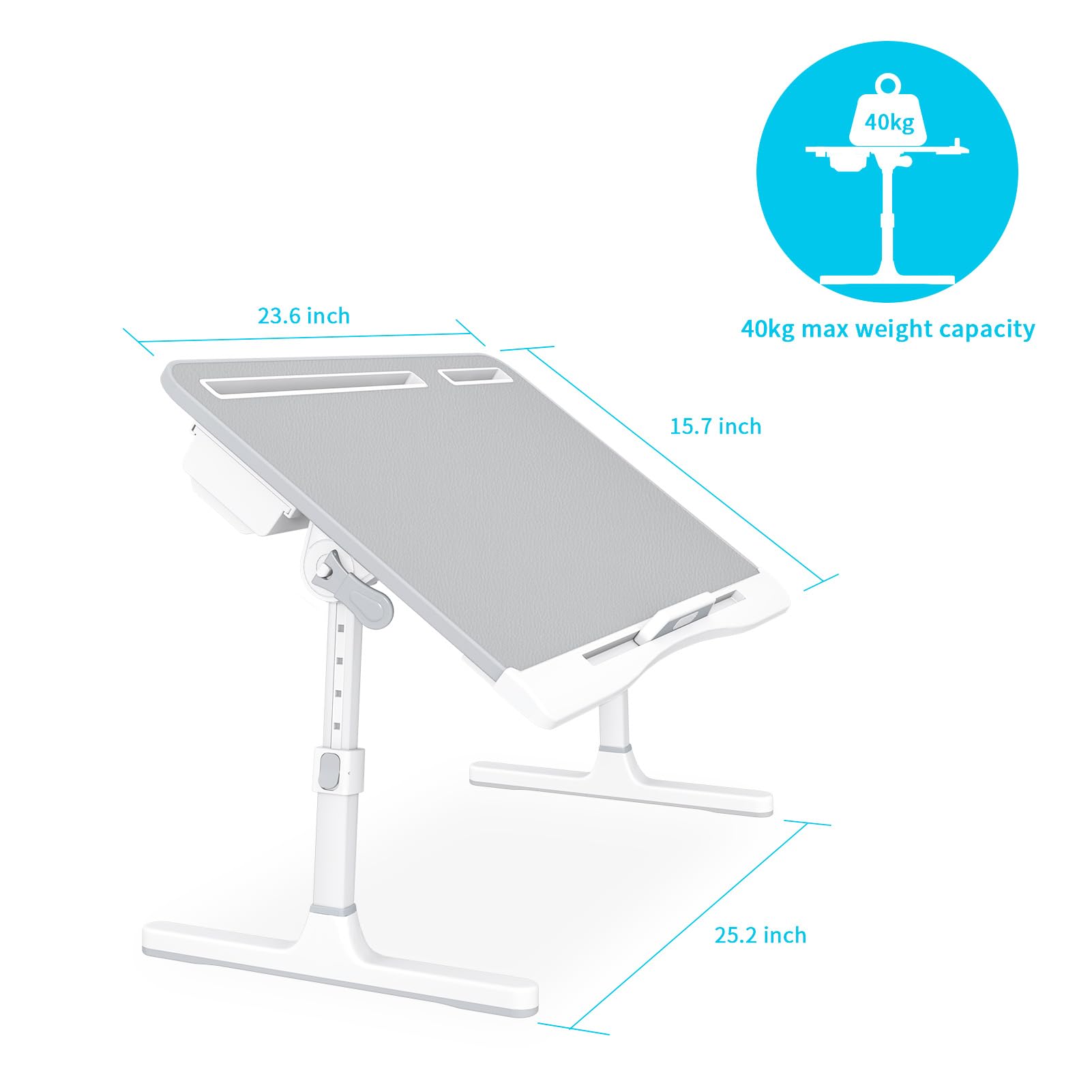 Adjustable Foldable Laptop Bed Tray Desk with 2 Drawers & Drawstring Bag - KLEAR Ergonomic Laptop Table for Working, Studying, Gaming & Eating - Portable Lap Desk for Home Office, Bedroom & Dorm Use (Grey)