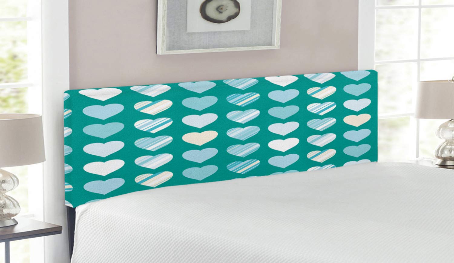 Ambesonne Romance Upholstered Headboard with Memory Foam - Queen Size Heart Lovers Design in Jade Green Seafoam Cream | Decorative Metal Bed Frame for Master Bedroom & Guest Room