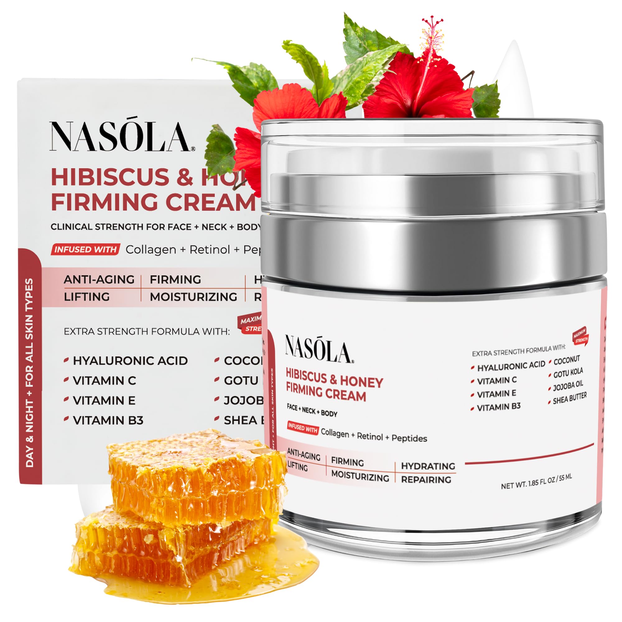 Hibiscus & Honey Firming Cream - Neck & Face Tightening Cream for Wrinkles, Collagen Boost Moisturizer - 1.85 Oz/55ml - Perfect for Daily Anti-Aging Skincare Routine & Nighttime Hydration