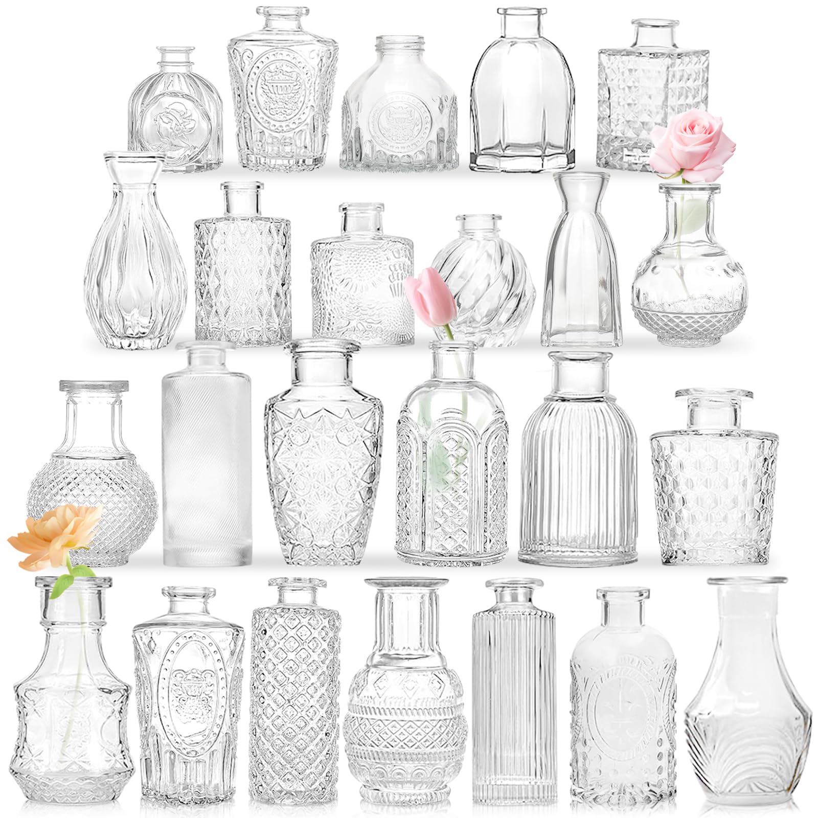 24 Pack Vintage Small Glass Bud Vases - Clear Crystal Mini Flower Vases for Wedding Centerpieces, Home Decor, Party Arrangements & Floral Displays | Bulk Wholesale Wedding Decorations, Table Centerpieces & Event Flowers