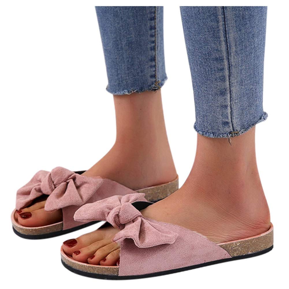 Women's Flat Slide Sandals with Cork Sole & Cute Knot Bow - Breathable Canvas Summer Sandals for Beach, Pool, and Casual Outings