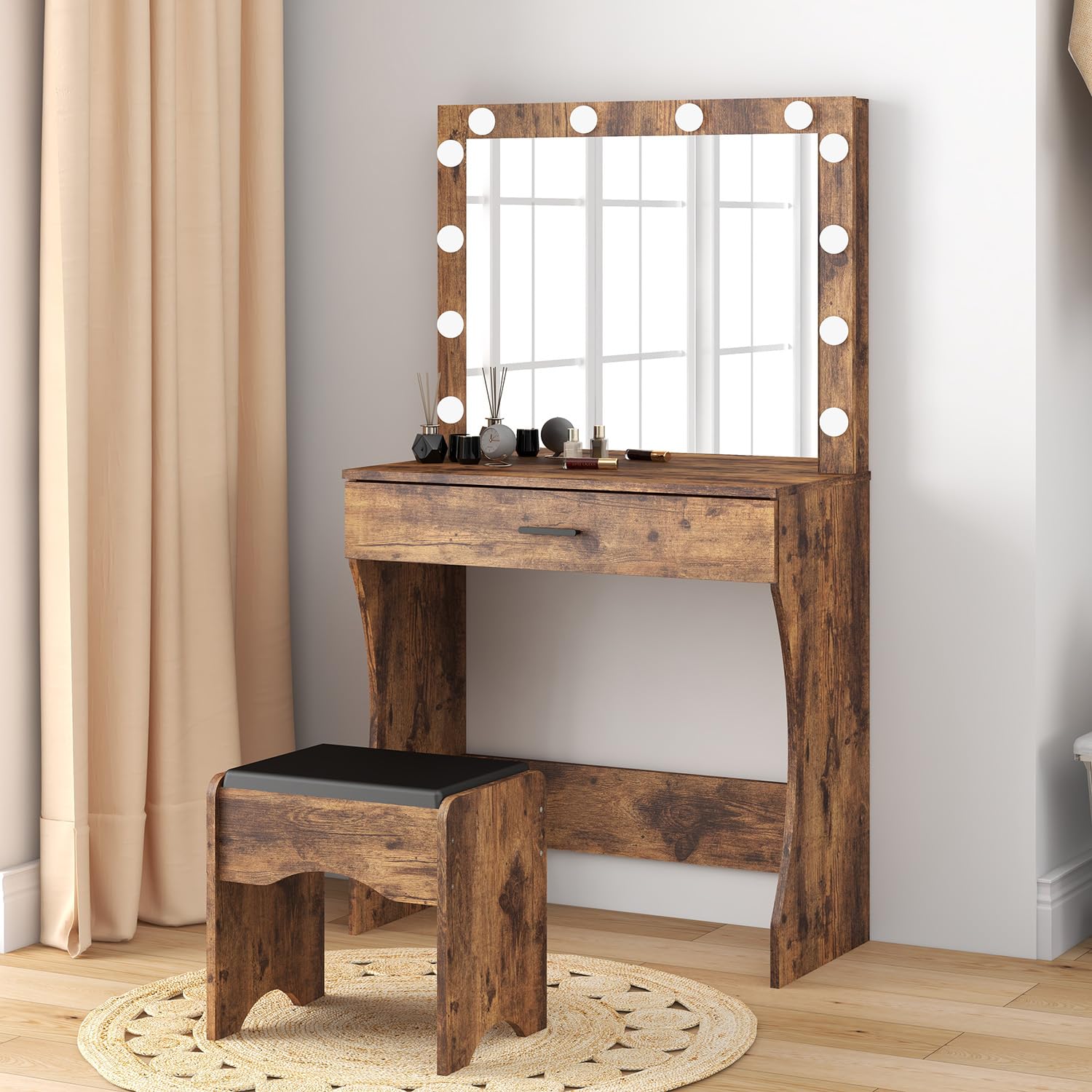 Vanity Desk with Mirror and Adjustable LED Lights, Makeup Vanity Table Set with Storage Drawer & Stool - Elegant Brown Dressing Table for Bedroom | Perfect for Beauty Routine, Makeup Application & Home Decor