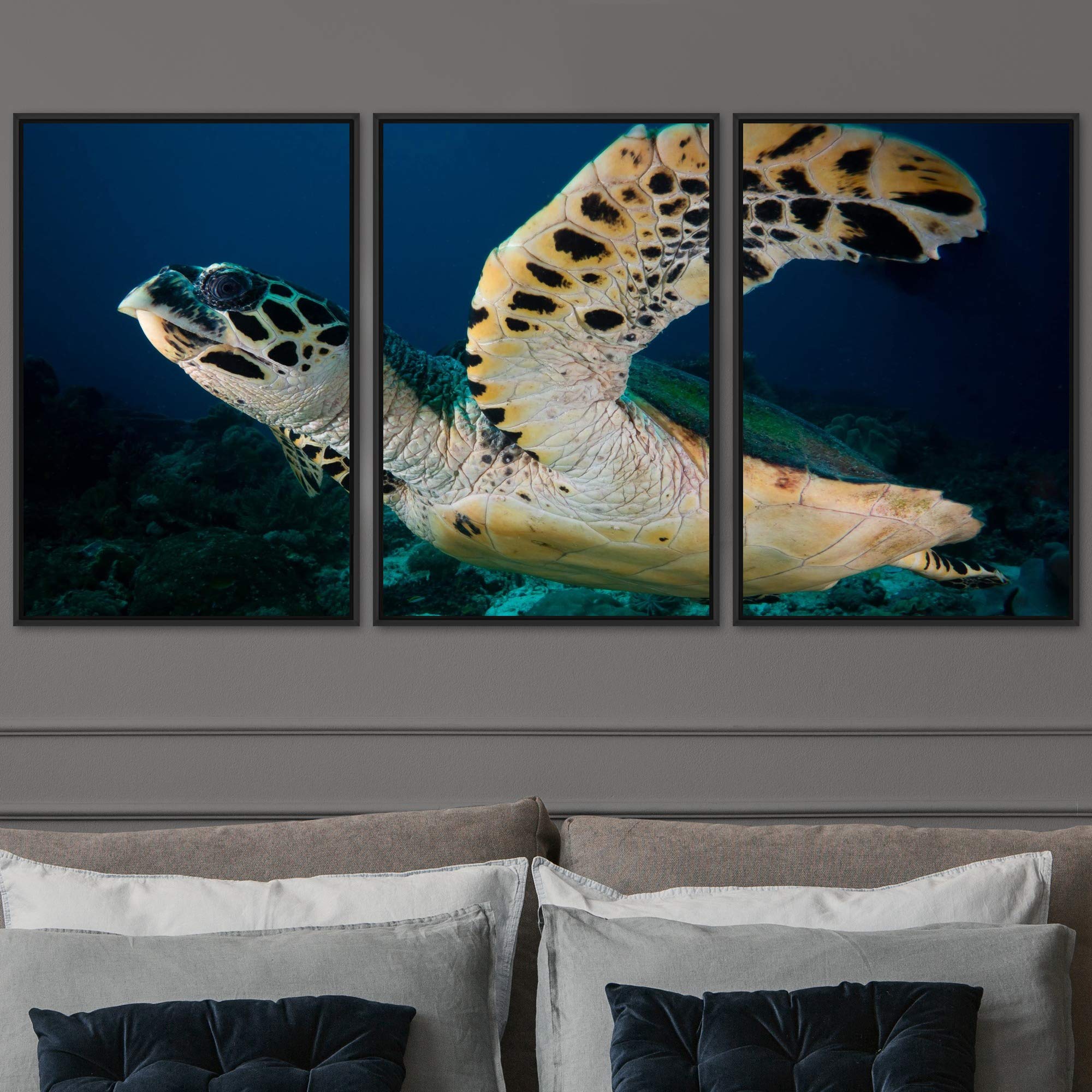 Turtle Under The Sea Framed Canvas Wall Art Set - 3 Piece Ocean Themed Home Decor for Living Room & Bedroom - 24x36 Inch Trio Panel Painting - Perfect for Beach House & Coastal Style Interior Design