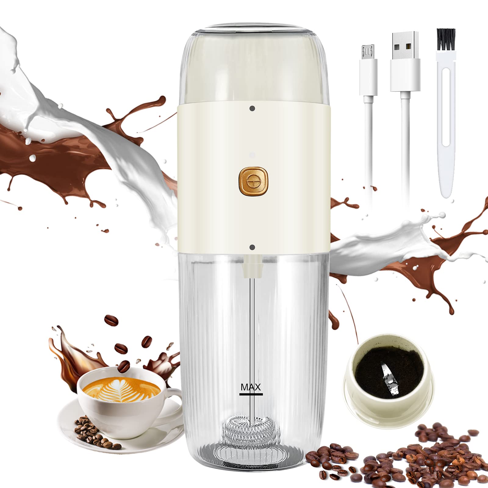 Rocyis 2-in-1 Electric Milk Frother and Coffee Grinder - Portable Cordless Rechargeable Drink Mixer for Latte, Cappuccino - Perfect for Camping, Traveling, Home and Office Use
