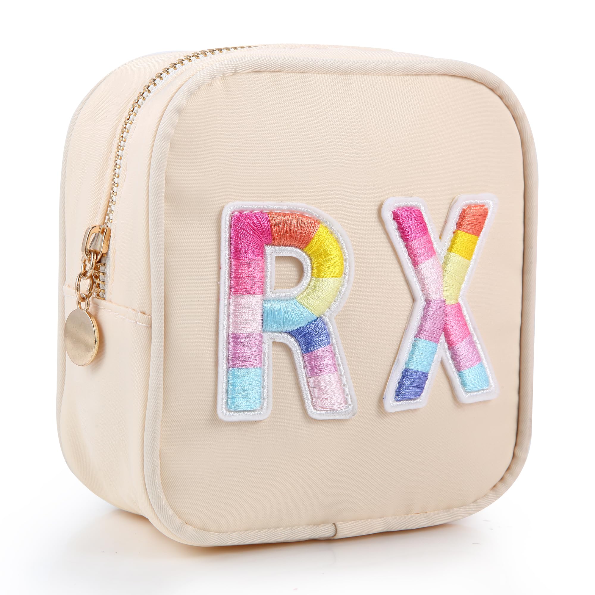 Personalized Embroidered Alphabet Medicine Pouch for Women & Girls - Zippered Nylon Travel Organizer for Vitamins, Makeup & Essentials (Beige) - Perfect for Daily Use, Travel & Gym