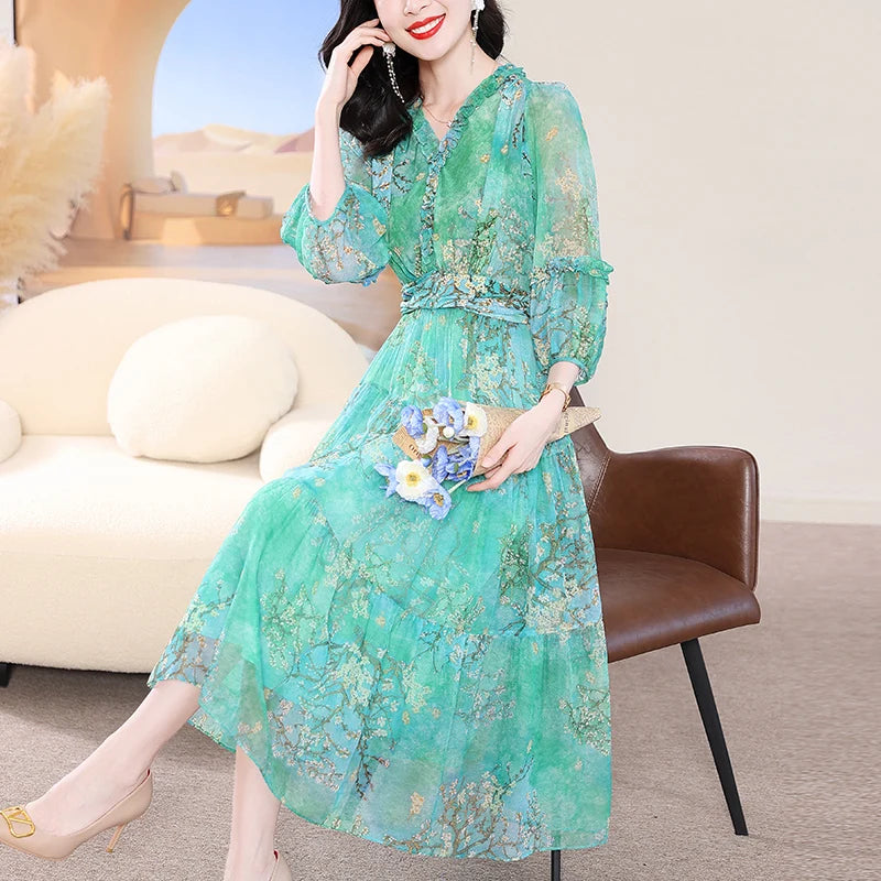 EVNISI Women's Boho Chiffon Summer Dress - V-Neck Floral Print A-Line Red Elegant Office Dress for Women | Perfect for Parties, Weddings & Summer Outings