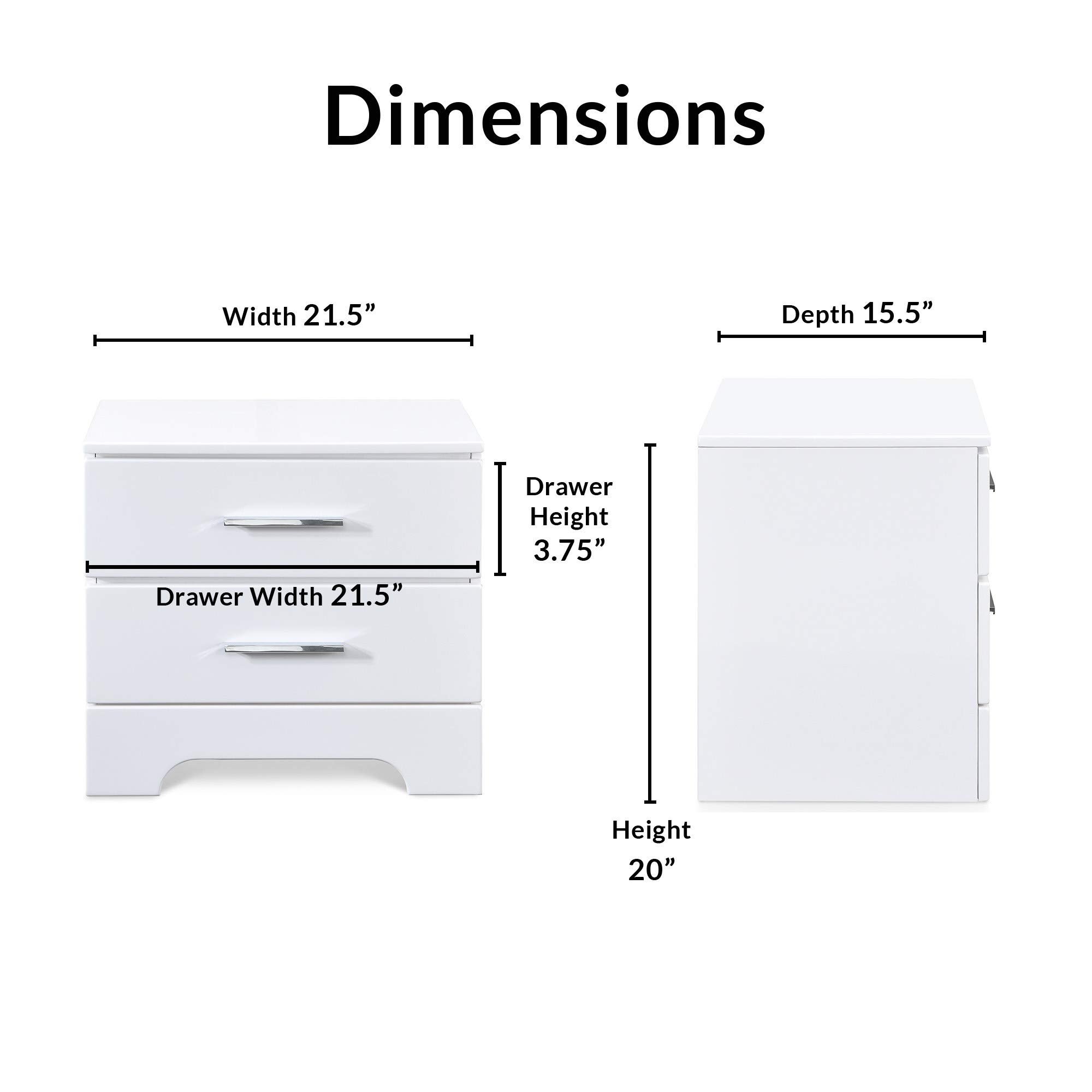 ClickDecor Hudson End Side Nightstand with 2 Drawers - White Wooden Bedroom Nightstand with Matte Chrome Handles | Perfect for Bedrooms, Guest Rooms & Small Spaces