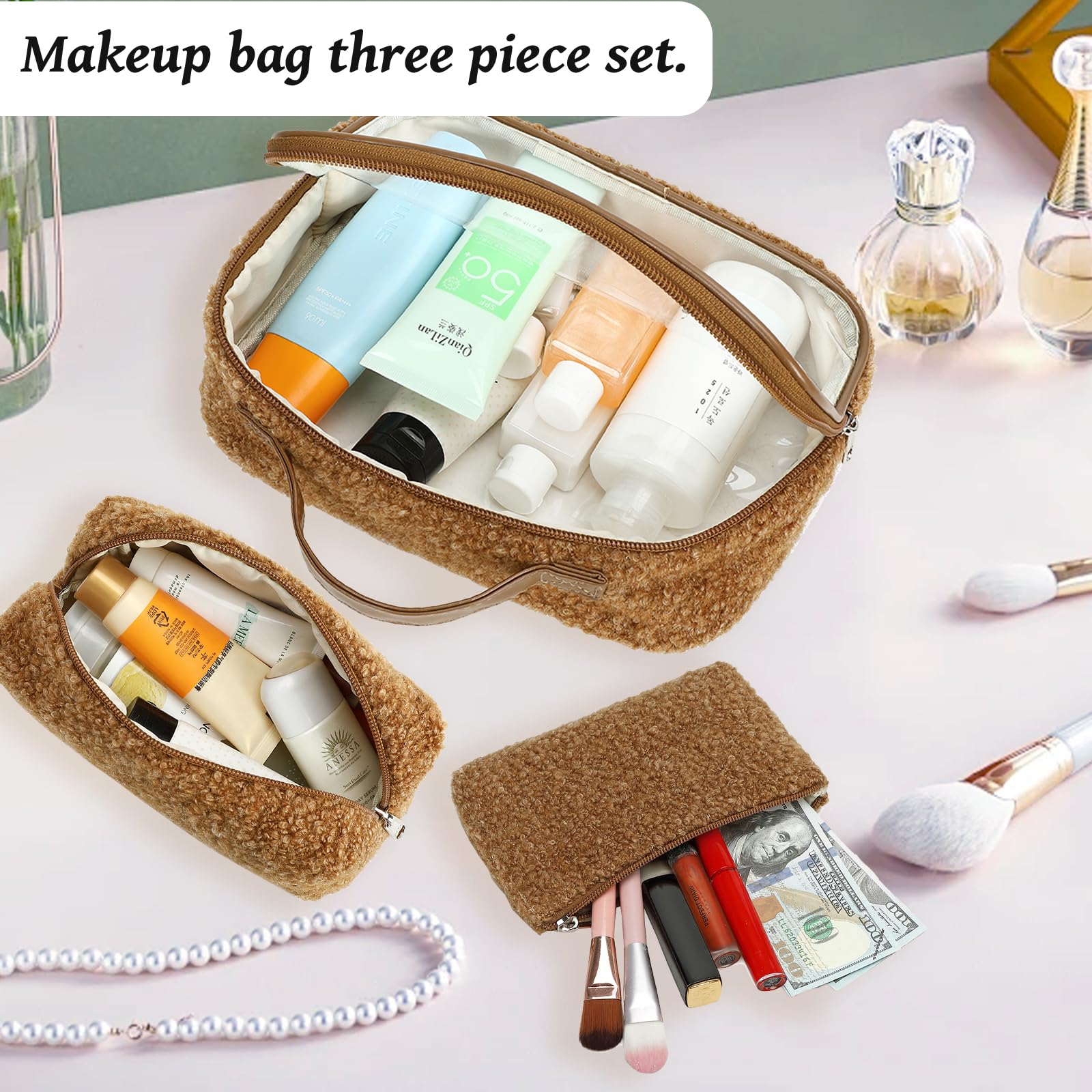 Bluboon 3-Piece Clear Makeup Organizer Set - Waterproof Travel Toiletry Bags with Zipper for Women | Perfect for Cosmetics, Skincare & Travel Essentials (Coffee Lamb Wool) | Great for Airplane Carry-On, Gym & Weekend Getaways