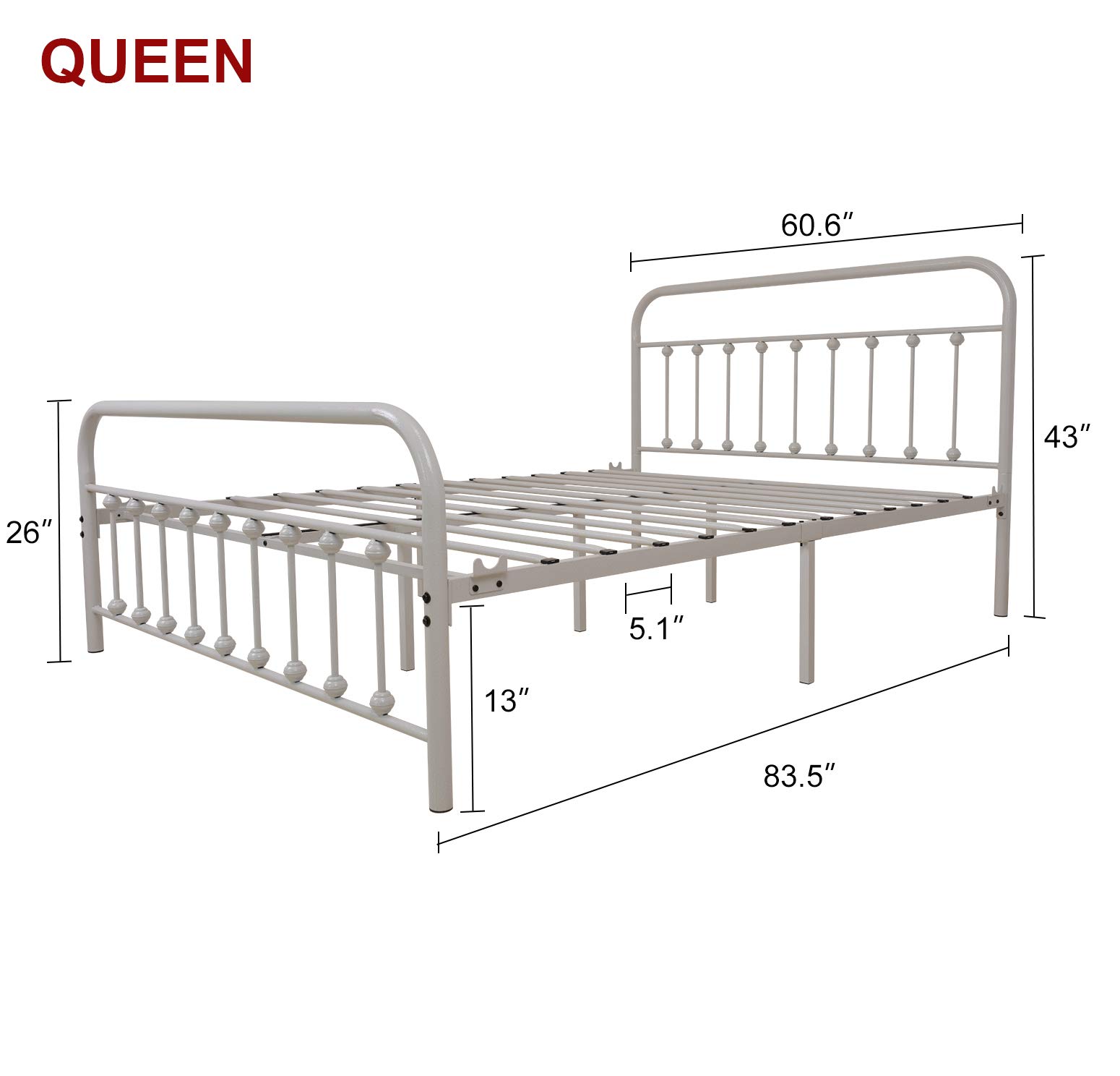 White Metal Bed Frame Queen Size with Headboard & Footboard - Sturdy Platform Mattress Base, Metal Tube & Iron-Art Design - Perfect for Modern Bedrooms, Guest Rooms & Dormitories (Queen, White)
