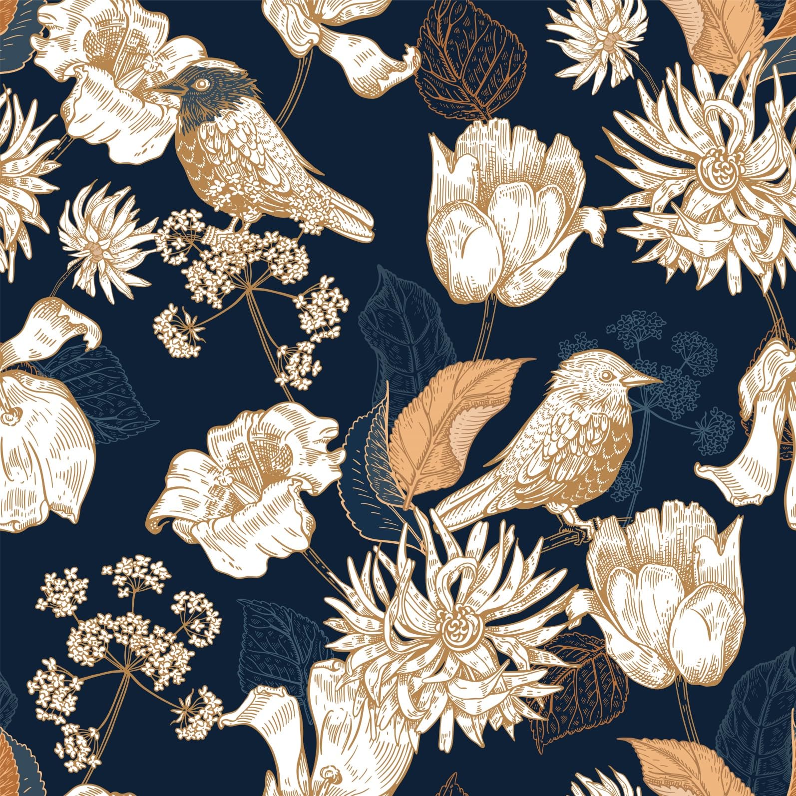 Vintage Dark Blue Gold Floral Peel and Stick Wallpaper - Self-Adhesive Vinyl Wallpaper for Bedroom, Living Room, Kitchen Cabinets - 17.71