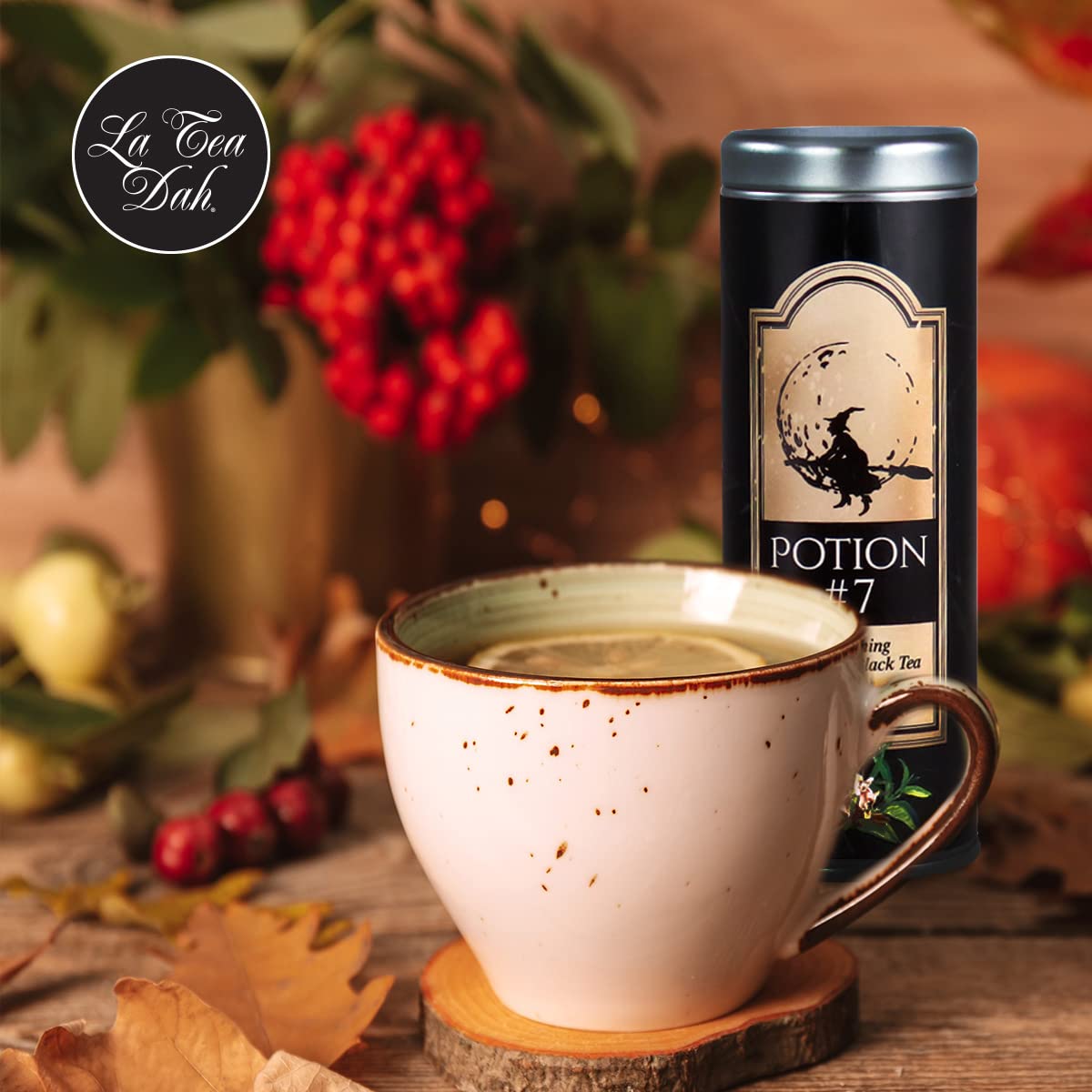La Tea Dah Halloween Potions Gift Basket - Pumpkin Spice Tea, Blood Red Hibiscus Tea with Honey Stirrers | Non-Candy Gourmet Tea Gift Set for Halloween Parties, Witch-Themed Events & Cozy Autumn Evenings