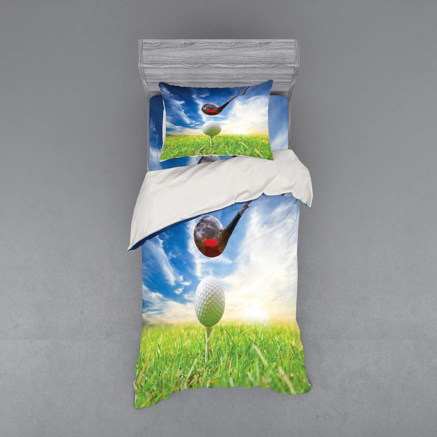 Ambesonne Golf Club Themed Duvet Cover Set - 3 Piece Twin XL Bedding with Sham & Fitted Sheet, Green Blue White Grey Macro Photography Print | Perfect for Golf Enthusiasts' Bedrooms, Dorm Rooms & Sports-Themed Decor