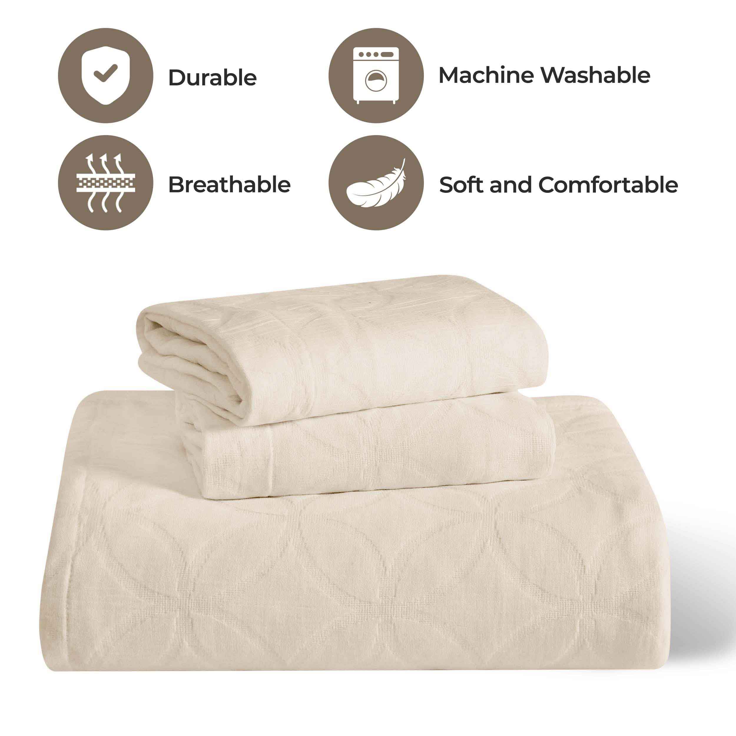 Serenity Cotton Matelasse Celtic Circle Airy Bedspread Set - Queen Size Lightweight Quilted Coverlet with All-Over Embroidery for Bedroom Decor, Guest Room & Cozy Home Styling