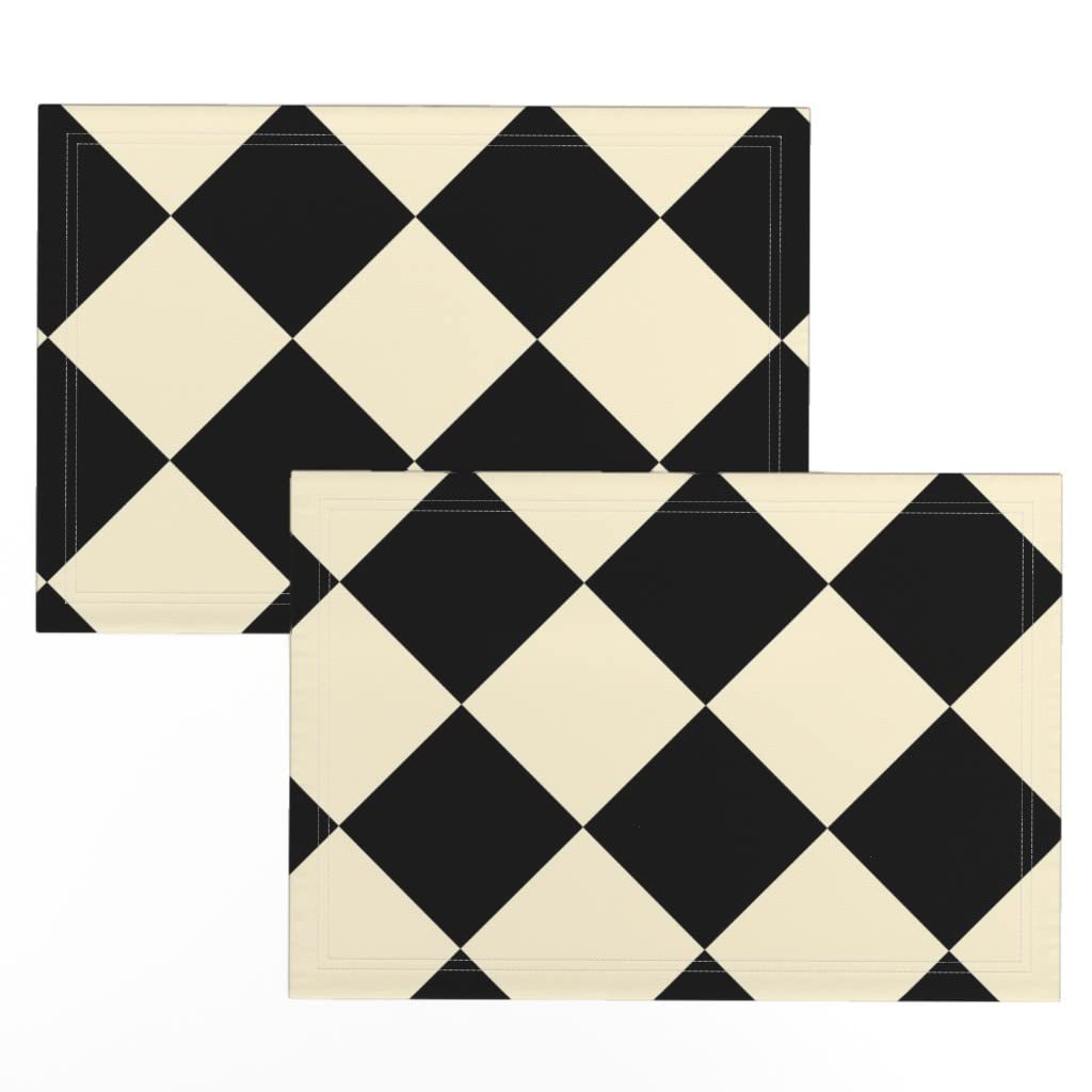 Premium Linen Cotton Canvas Placemats Set of 2 - Black & Cream Checkered Checkerboard Print Table Mats for Dining, Kitchen Decor, and Party Table Setting