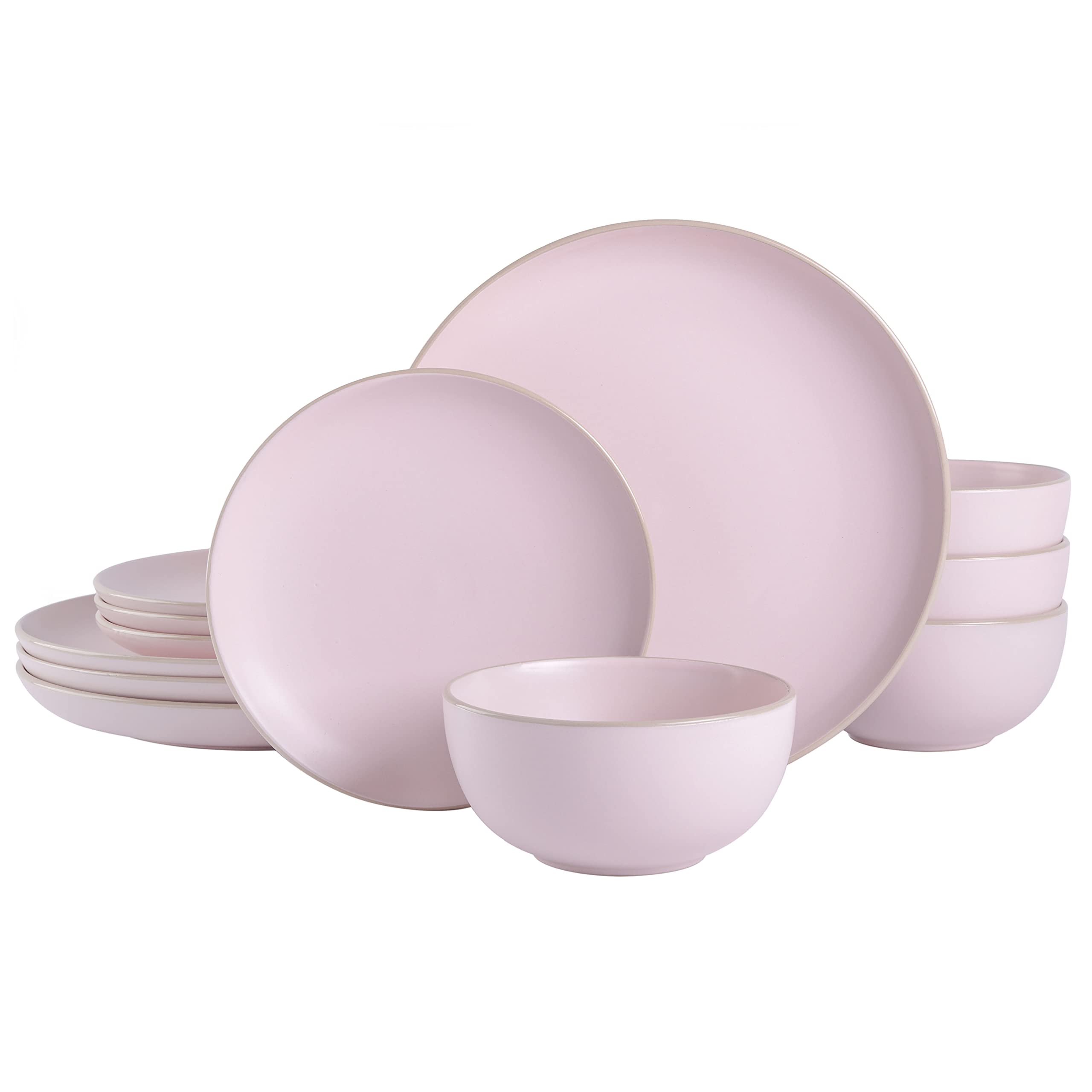 Premium Gibson Home Rockaway Round Stoneware Dinnerware Set - 12-Piece Service for 4, Elegant Pink | Microwave & Dishwasher Safe | Perfect for Family Dinners, Dinner Parties & Everyday Use