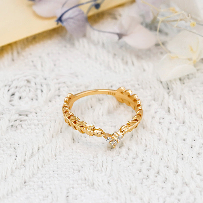 Dainty Gold Zircon Feather Leaf Ring for Women - Elegant 14K Gold Plated Leaf Design Ring with Cubic Zirconia Stones - Perfect for Weddings, Parties & Everyday Wear | TB572