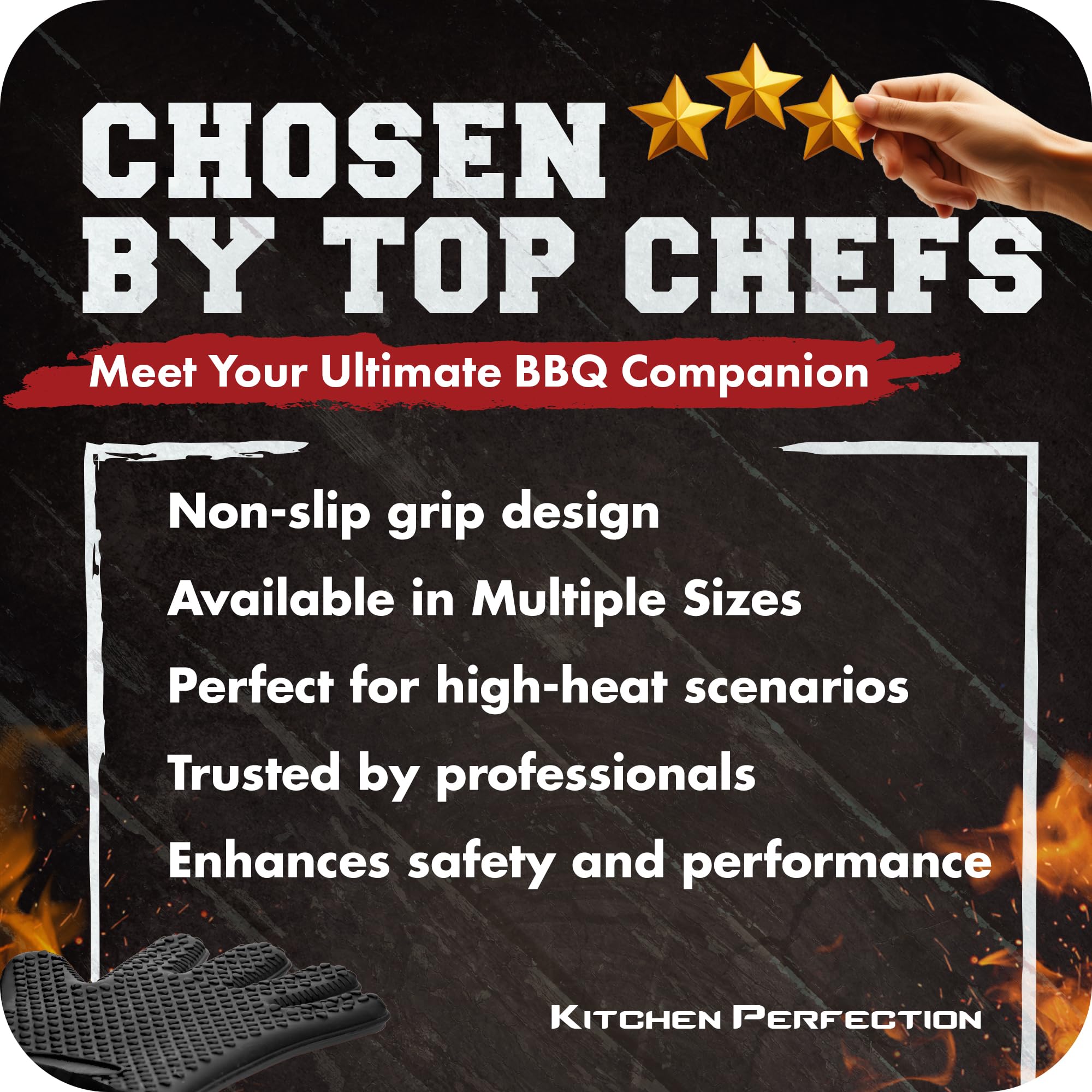 KITCHEN PERFECTION Heat Resistant Silicone BBQ Gloves - Best Oven Mitts for Smoking, Grilling & Frying - Waterproof Grill Gloves Set with 3 Bonus Accessories | Perfect for Backyard BBQ, Camping & Outdoor Cooking