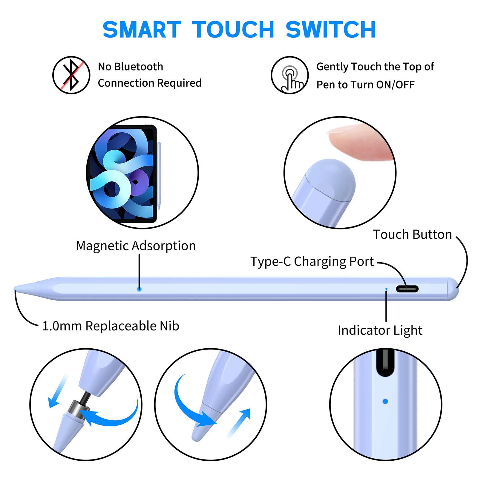NTHJOYS Magnetic Active Stylus Pen for Apple iPad/Pro/Air/Mini, iPhone & Android Tablets - Fine Point Precision for Writing, Drawing & Note-Taking - Perfect for Artists, Students & Professionals