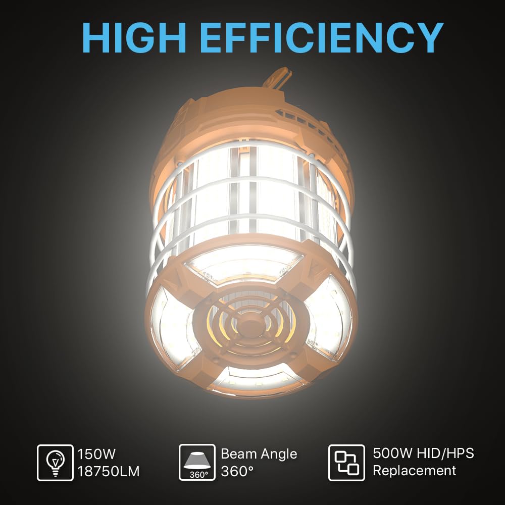 HYPERLITE 150W LED Temporary Work Light - 18750LM Brightness, 500W HID/HPS Equivalent, 5000K Daylight - Portable Hanging Construction Light with Stainless Steel Safety Guard & Sturdy Hook - Perfect for Job Sites, Workshops, Garages, and Emergency Lighting (On/Off Switch Included)