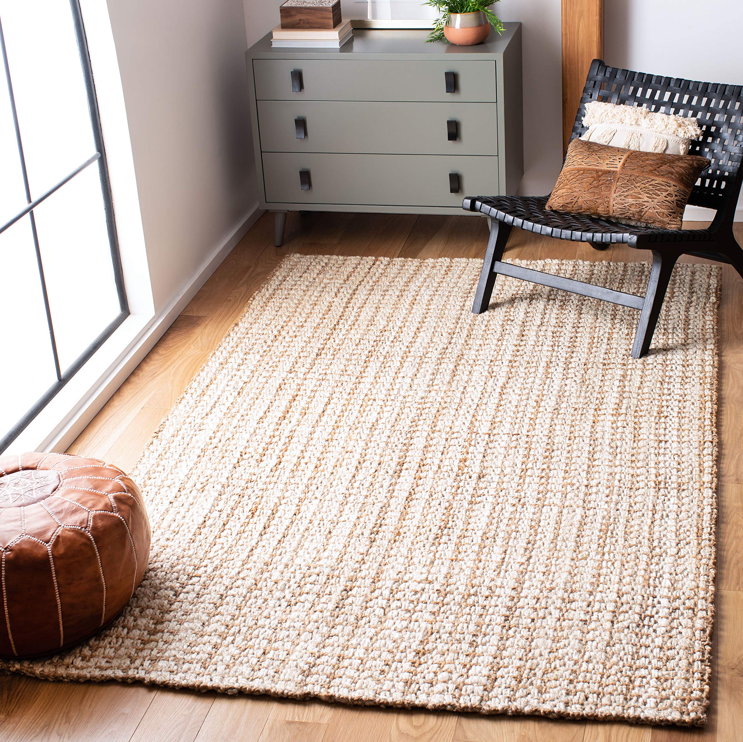 SAFAVIEH Handmade Jute Area Rug 5' x 8' - Natural Fiber Farmhouse Rug in Ivory & Light Brown, Non-Slip Braided Floor Mat for High Traffic Living Room, Bedroom, Dining Room | Rustic Home Decor & Cozy Interior Design (NF186B)