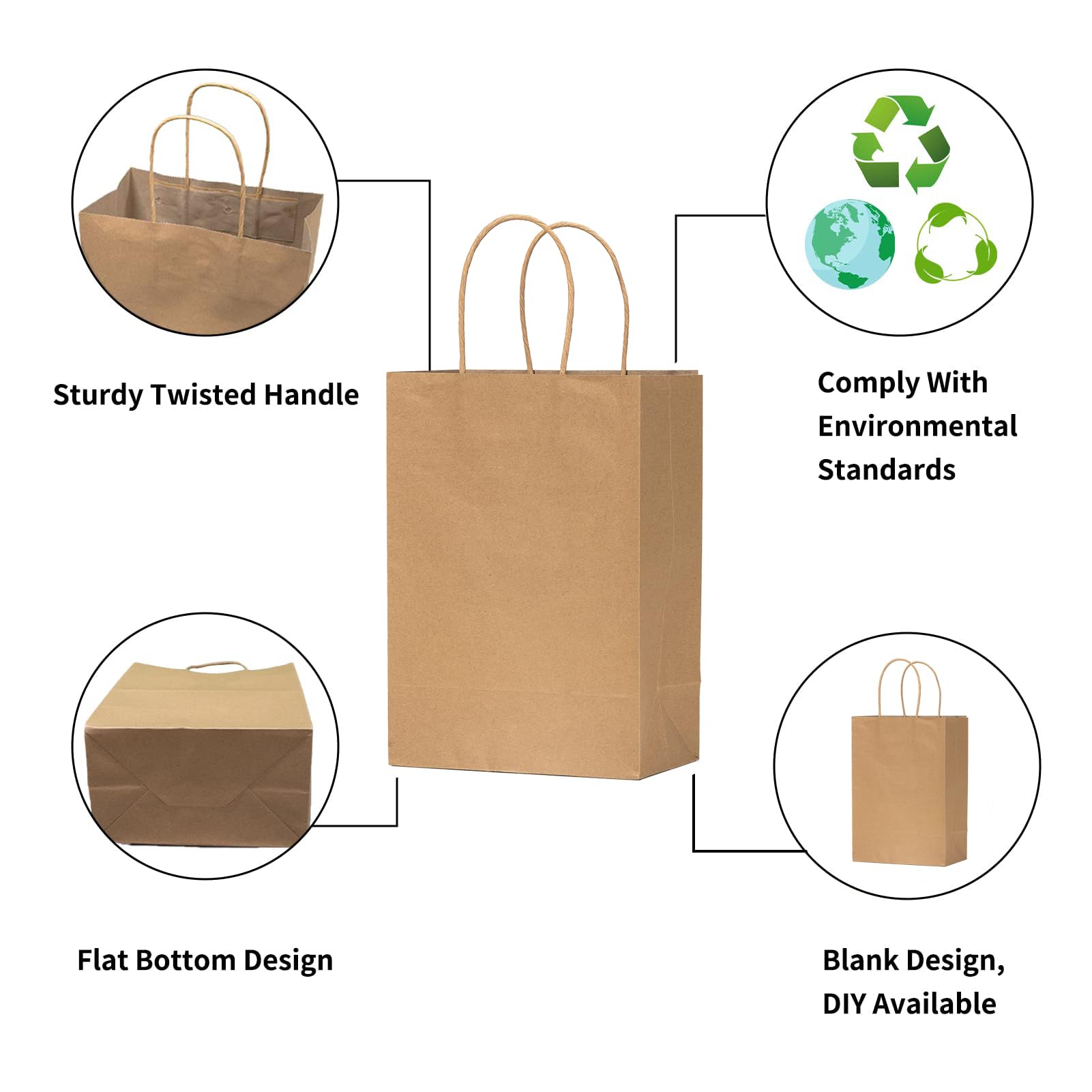 Vanhel 50-Pack Brown Kraft Gift Bags with Handles - 8x4.25x10.5 Inch Bulk Shopping Bags for Parties, Retail, Merchandise & Favors | Eco-Friendly Paper Bags for Birthday Gifts, Wedding Favors & Store Packaging