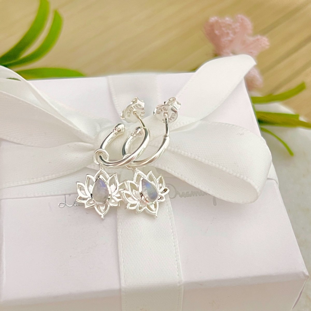 Opulent Lotus Flower Moonstone Hoop Earrings for Women - Elegant Boho Jewelry for Everyday Wear & Special Occasions