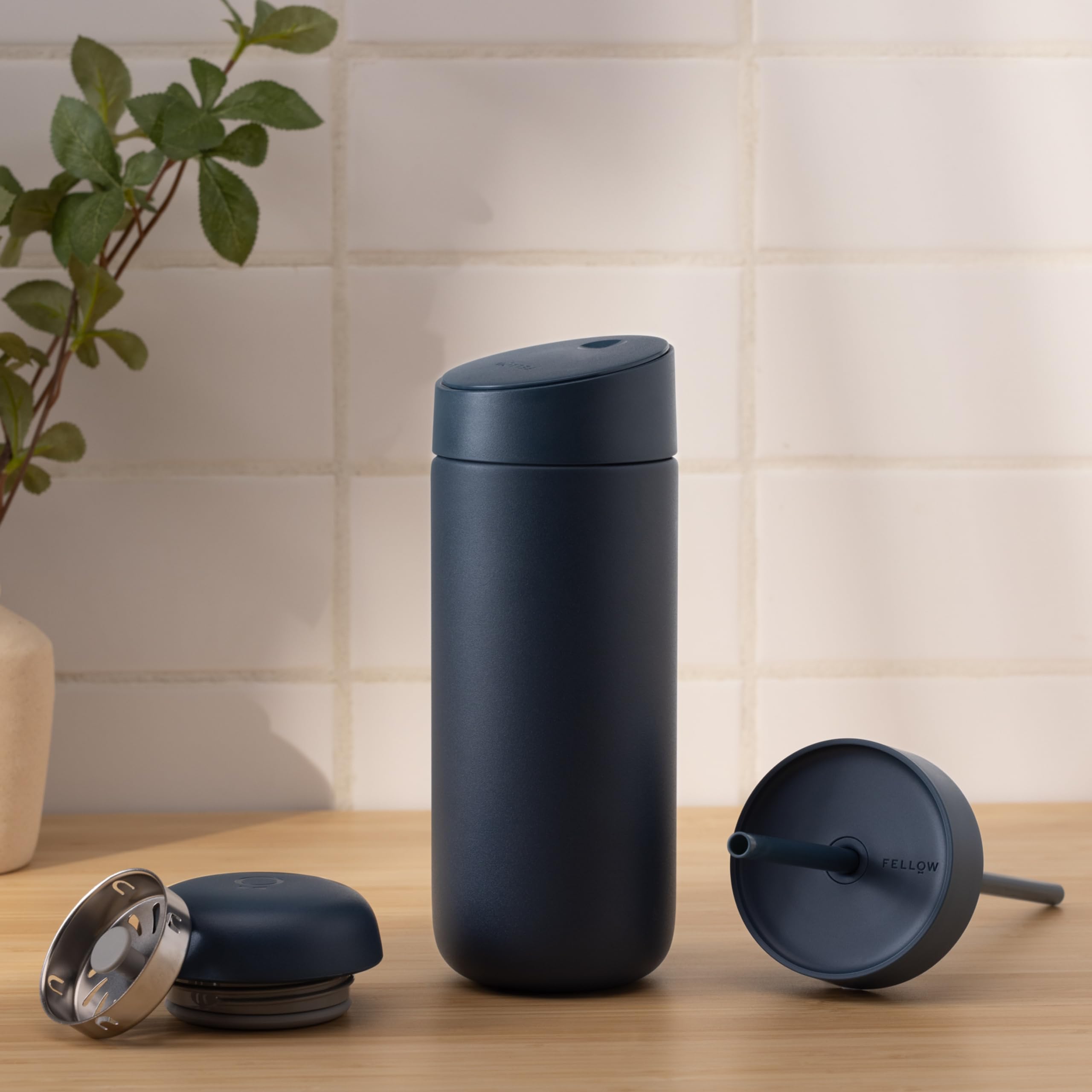 Fellow 16 oz Carter Travel Mug Bundle (3-in-1) - Vacuum-Insulated Stainless Steel Coffee Tumbler with Slide-Lock Lid, Ceramic Interior & Straw - Perfect for Hot & Cold Drinks On-The-Go, Office Commute, Hiking & Outdoor Adventures - Stone Blue