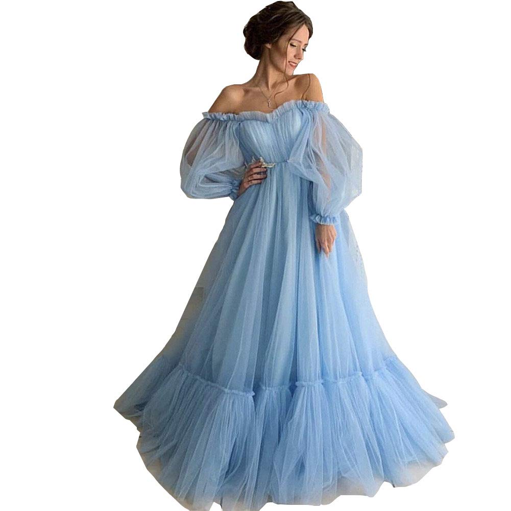 Elegant Off Shoulder Long Sleeve Tulle Evening Dress for Women - Perfect for Formal Occasions, Prom, Gala & Wedding Guest Outfits