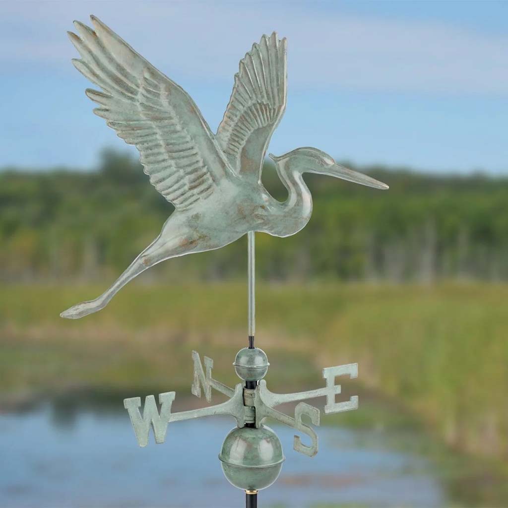 Graceful Blue Heron Weathervane - Handcrafted Blue Verde Copper Garden Decor for Outdoor Patio, Yard & Roof - Elegant Wind Direction Indicator for Coastal & Farmhouse Style Homes